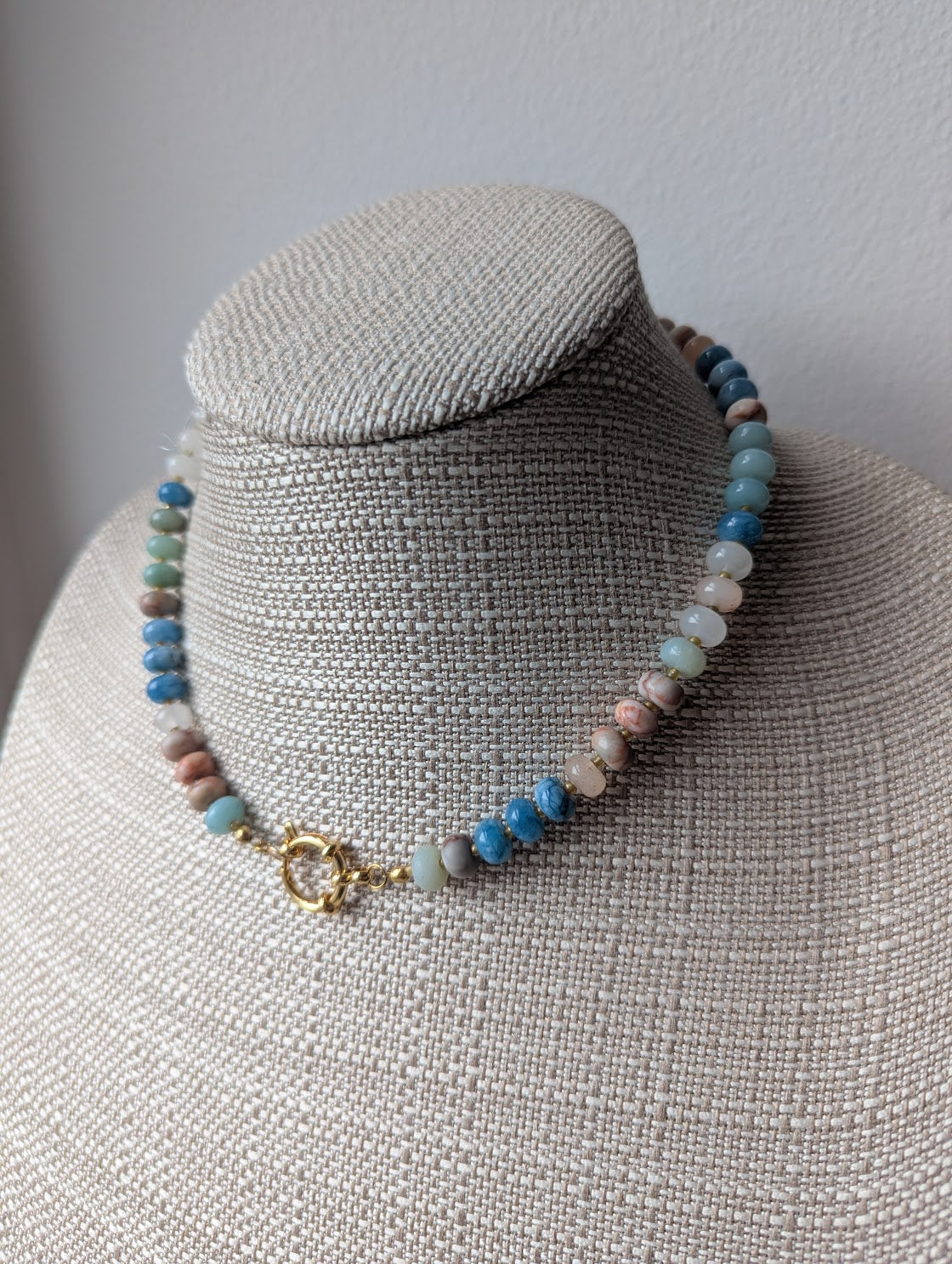 Rose Quartz, Red Vein Jasper, Aquamarine Rondelle Beaded Necklace (Silver or Gold)