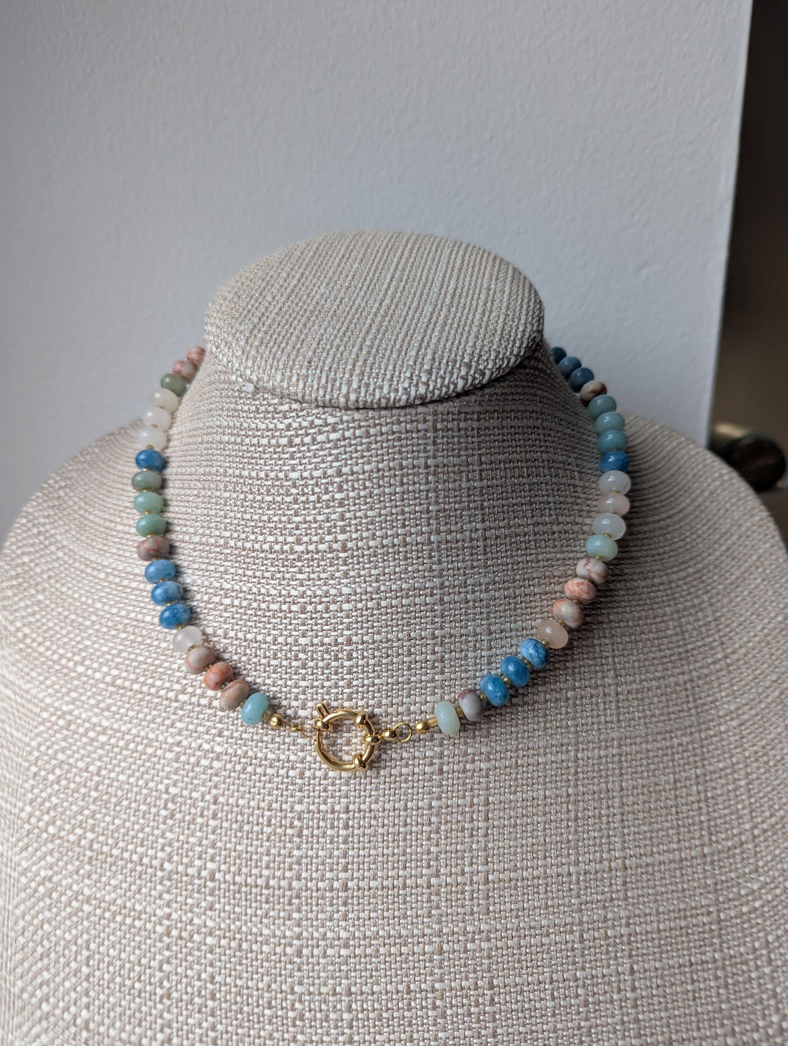 Rose Quartz, Red Vein Jasper, Aquamarine Rondelle Beaded Necklace (Silver or Gold)