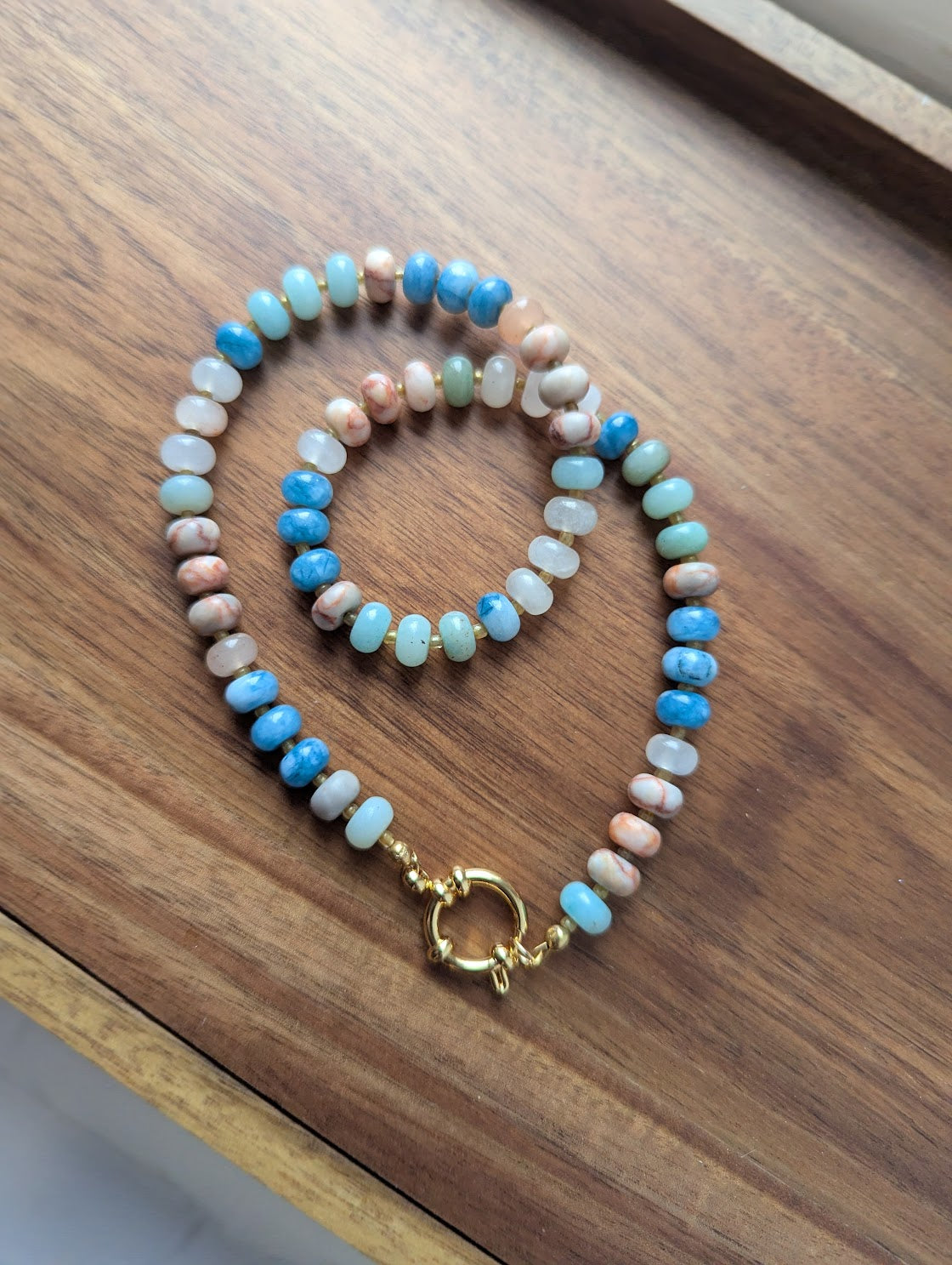 Rose Quartz, Red Vein Jasper, Aquamarine Rondelle Beaded Necklace (Silver or Gold)