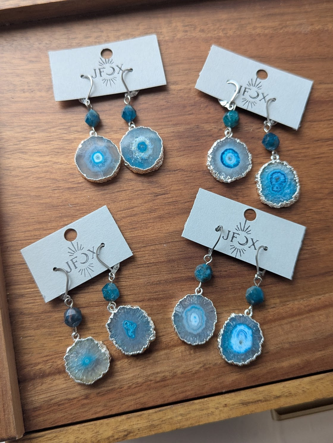Blue Agate Slice Apatite Silver Hoops Earrings