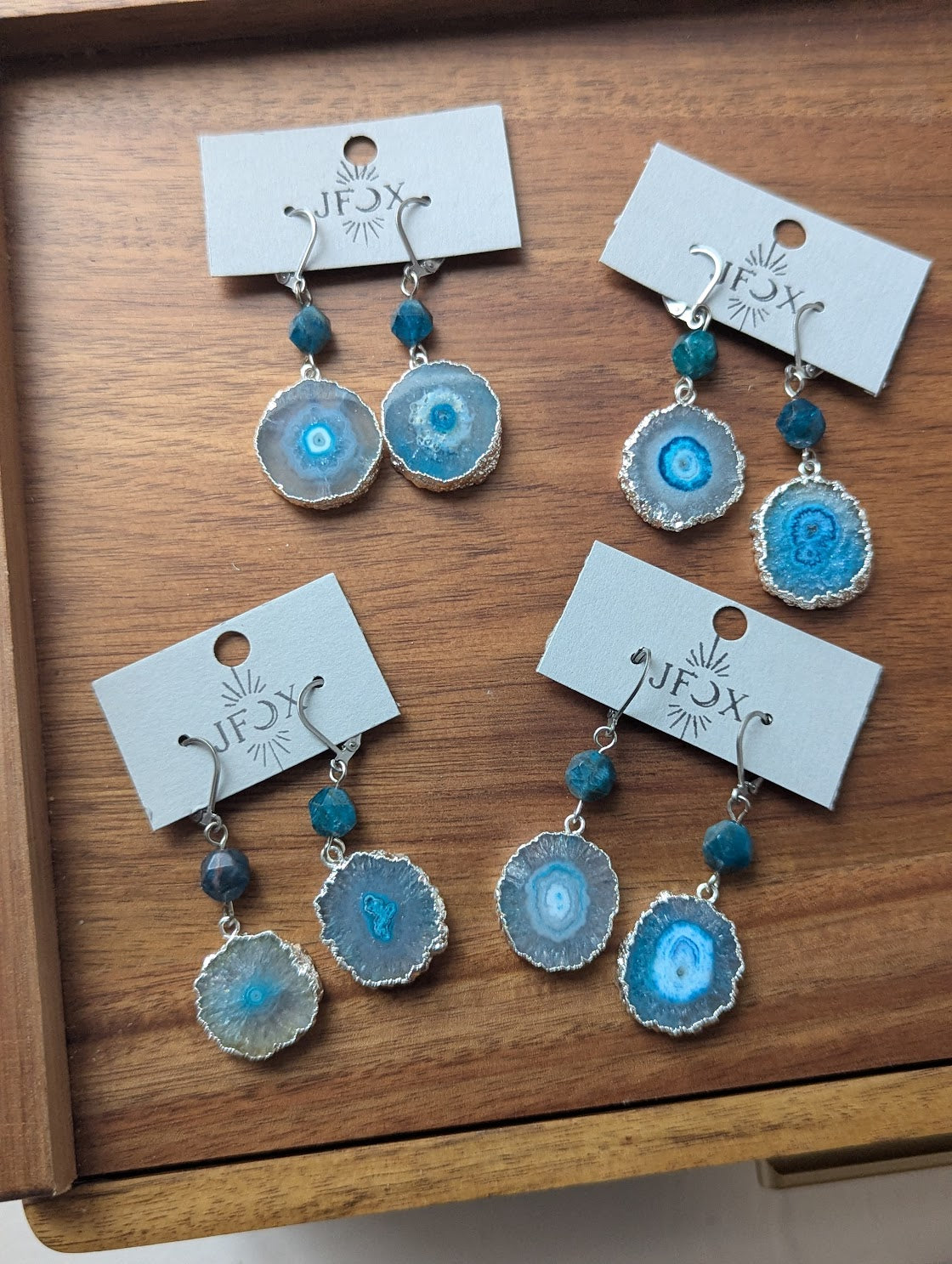 Blue Agate Slice Apatite Silver Hoops Earrings