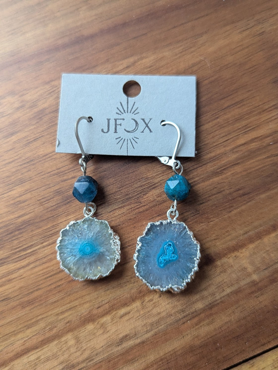 Blue Agate Slice Apatite Silver Hoops Earrings