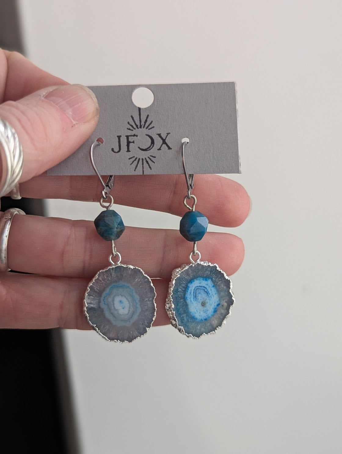 Blue Agate Slice Apatite Silver Hoops Earrings