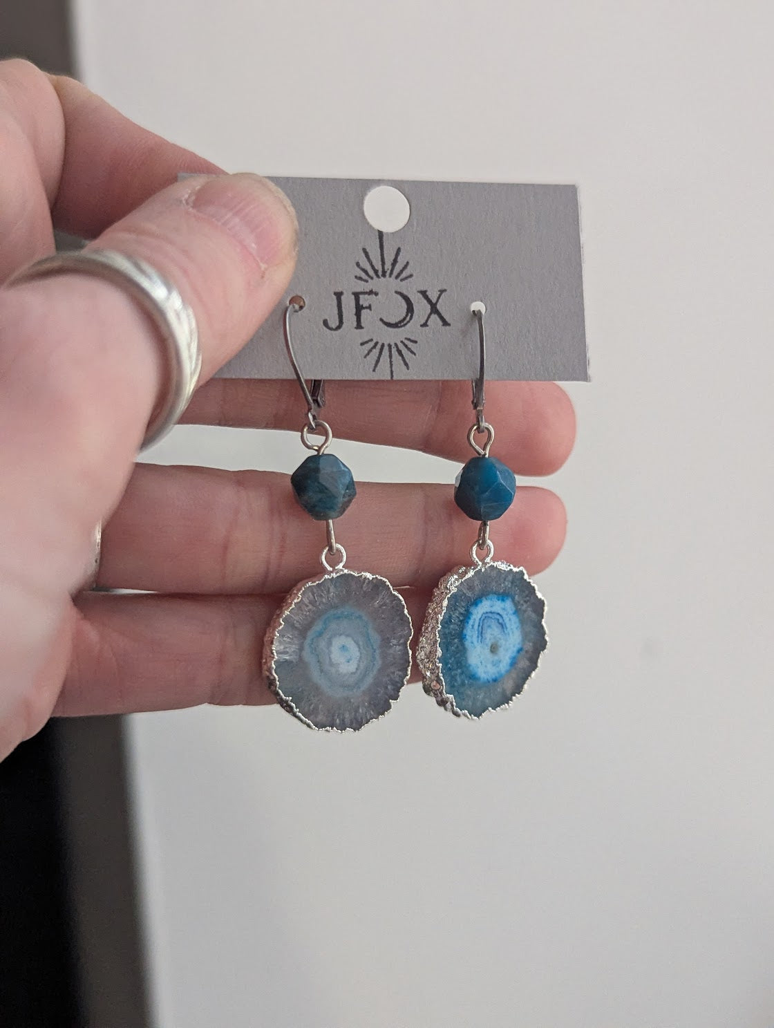 Blue Agate Slice Apatite Silver Hoops Earrings