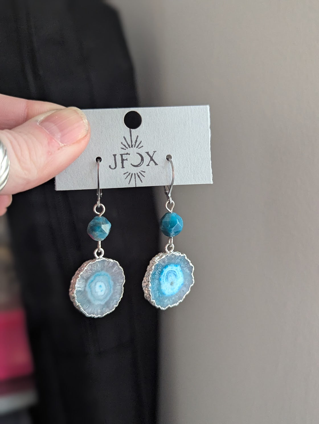 Blue Agate Slice Apatite Silver Hoops Earrings