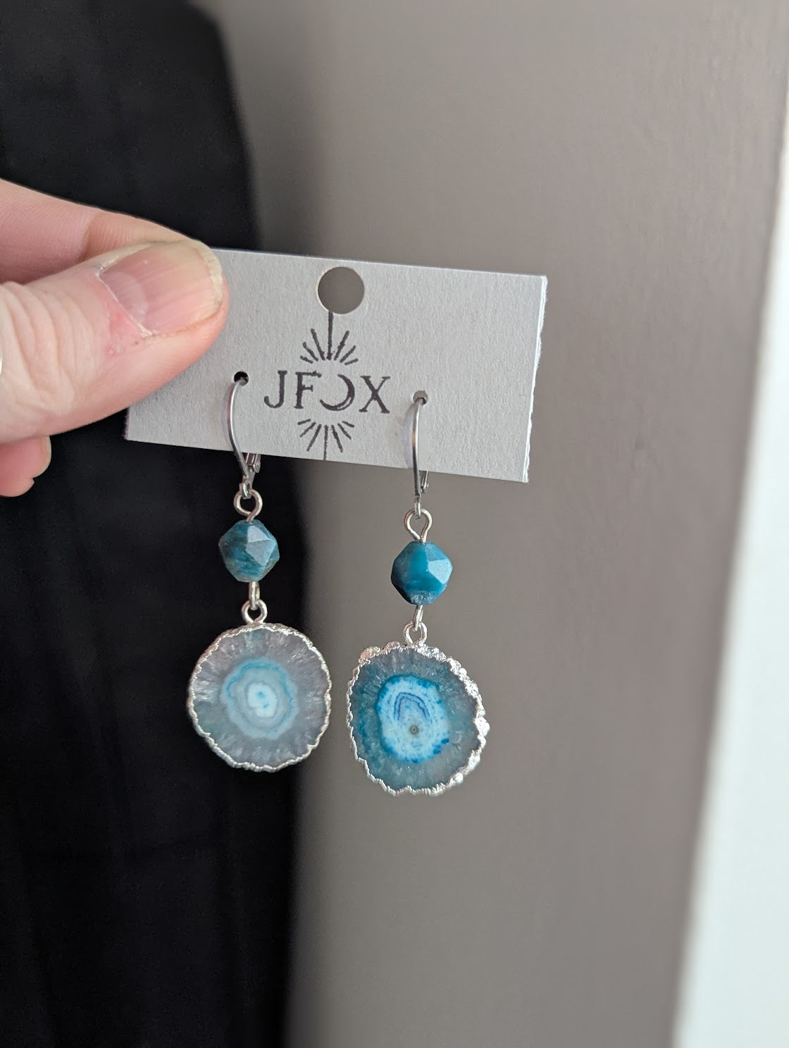 Blue Agate Slice Apatite Silver Hoops Earrings