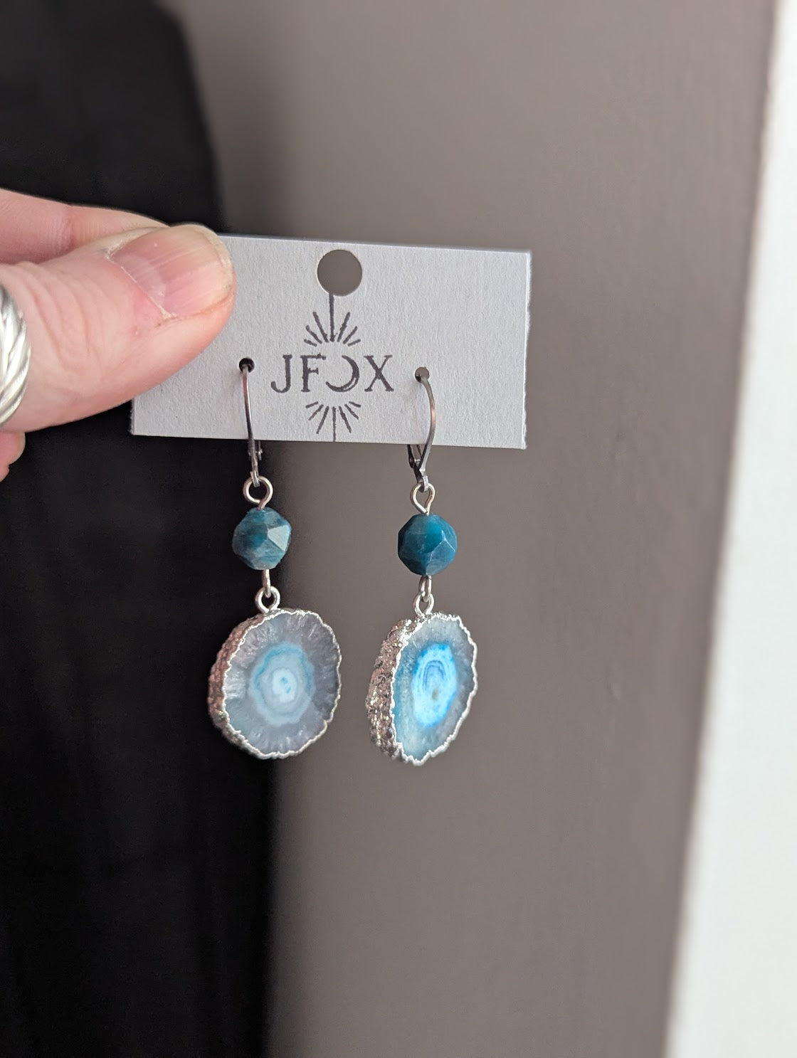 Blue Agate Slice Apatite Silver Hoops Earrings