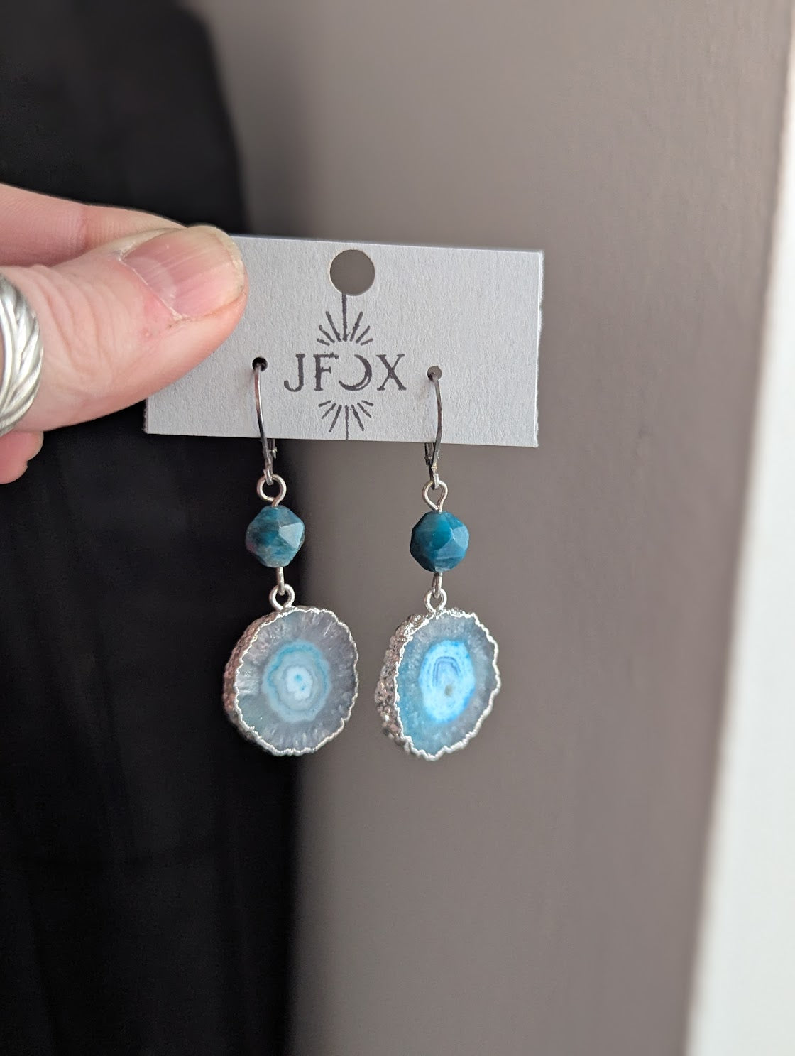 Blue Agate Slice Apatite Silver Hoops Earrings