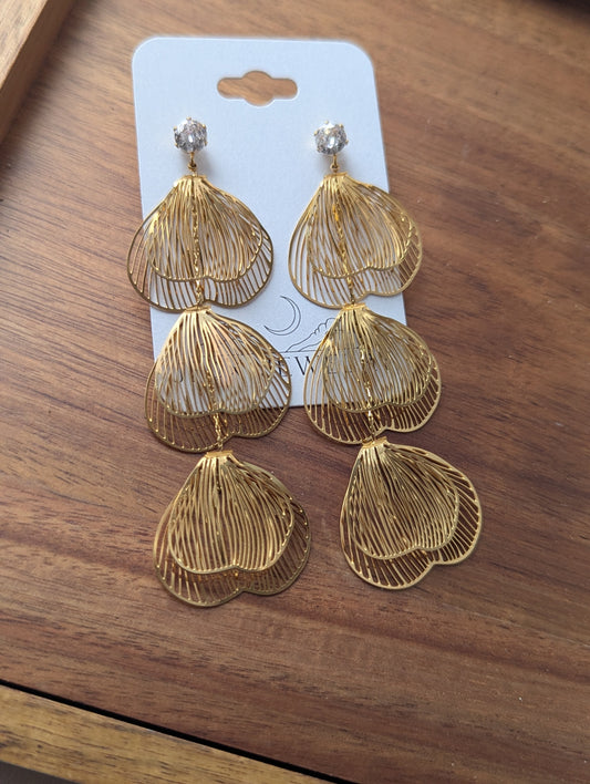 Gold Flower Petal Trio Long Gold Earrings