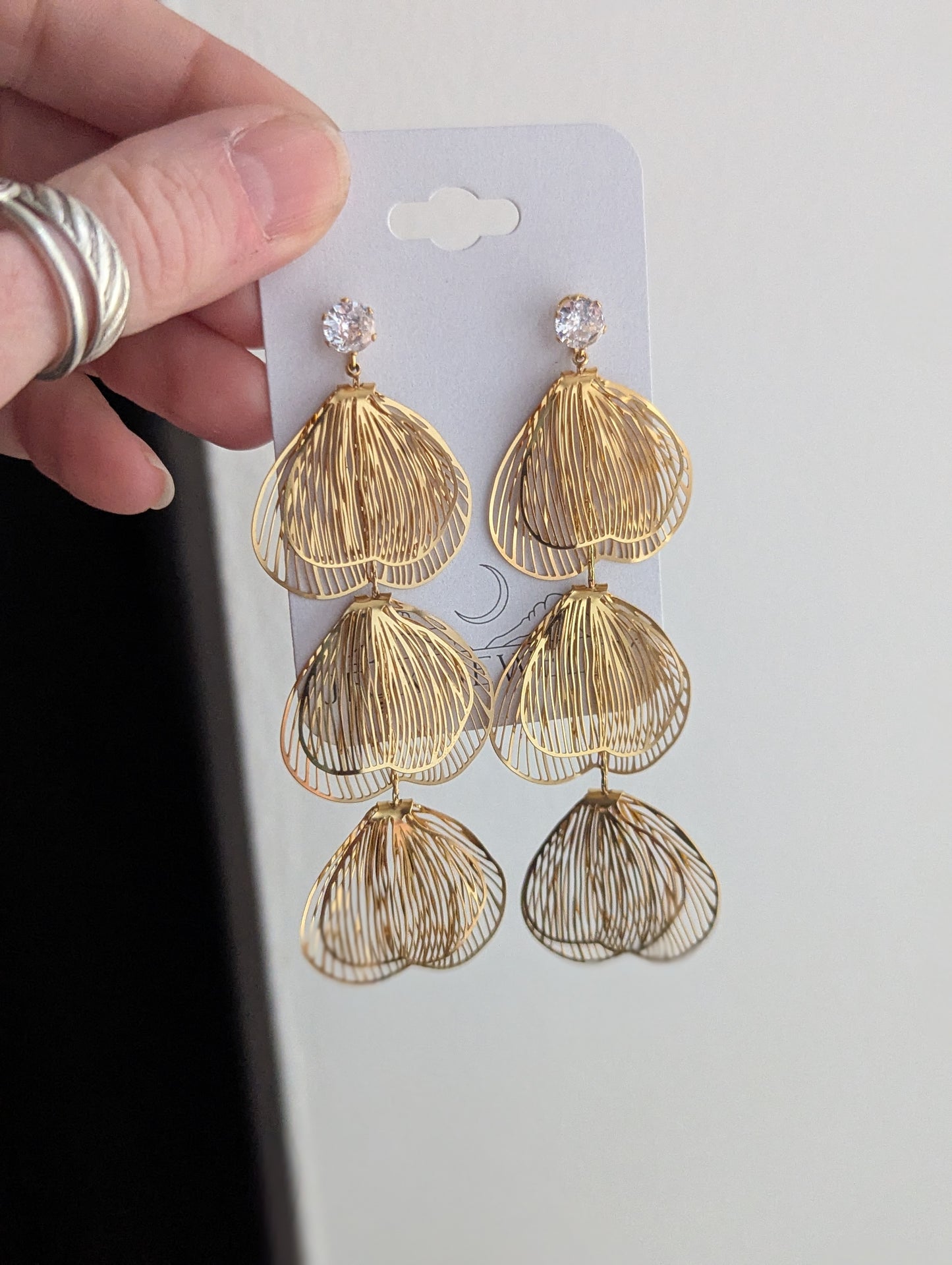 Gold Flower Petal Trio Long Gold Earrings