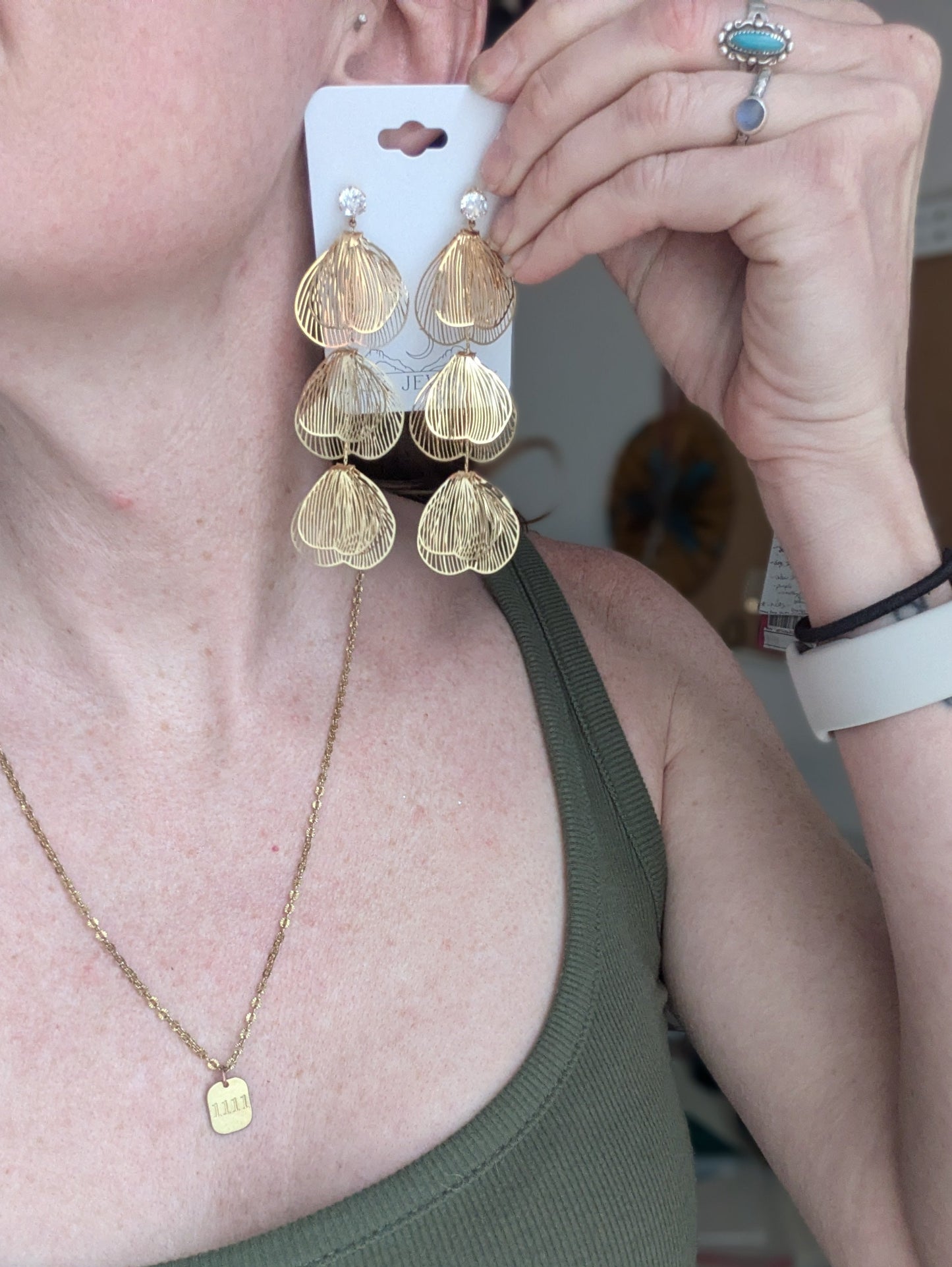 Gold Flower Petal Trio Long Gold Earrings
