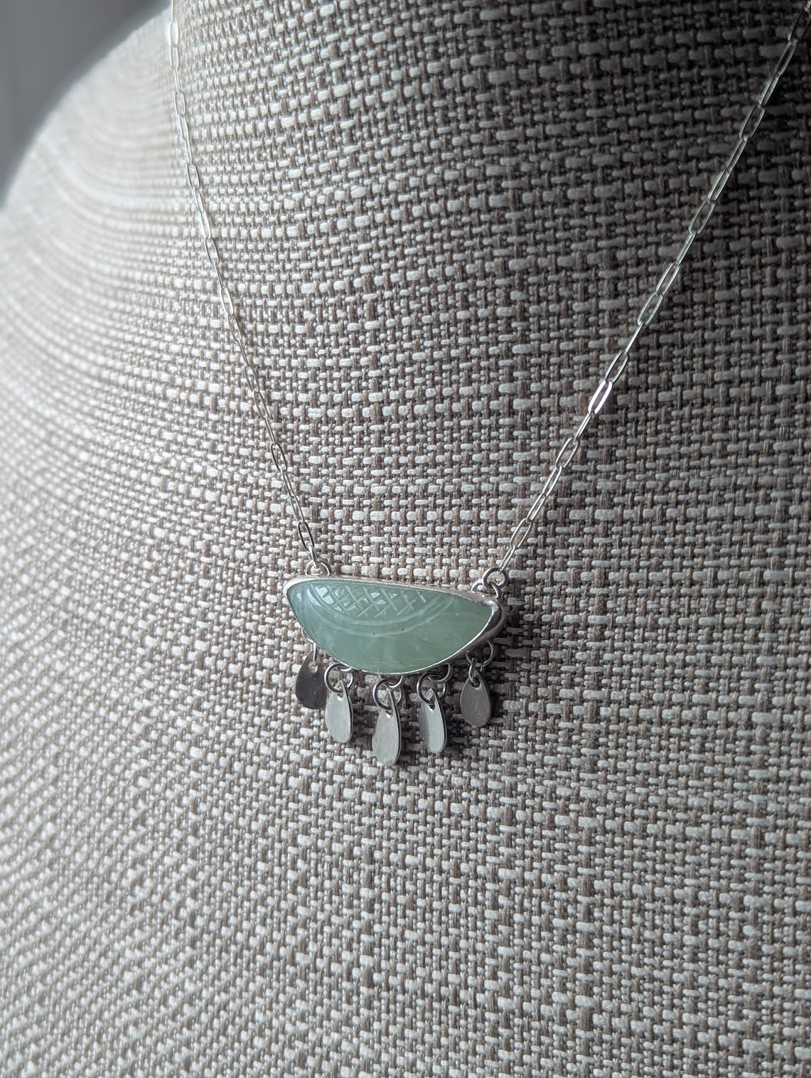 Carved Leaf Light Green Prehnite Fringe Sterling Silver Necklace