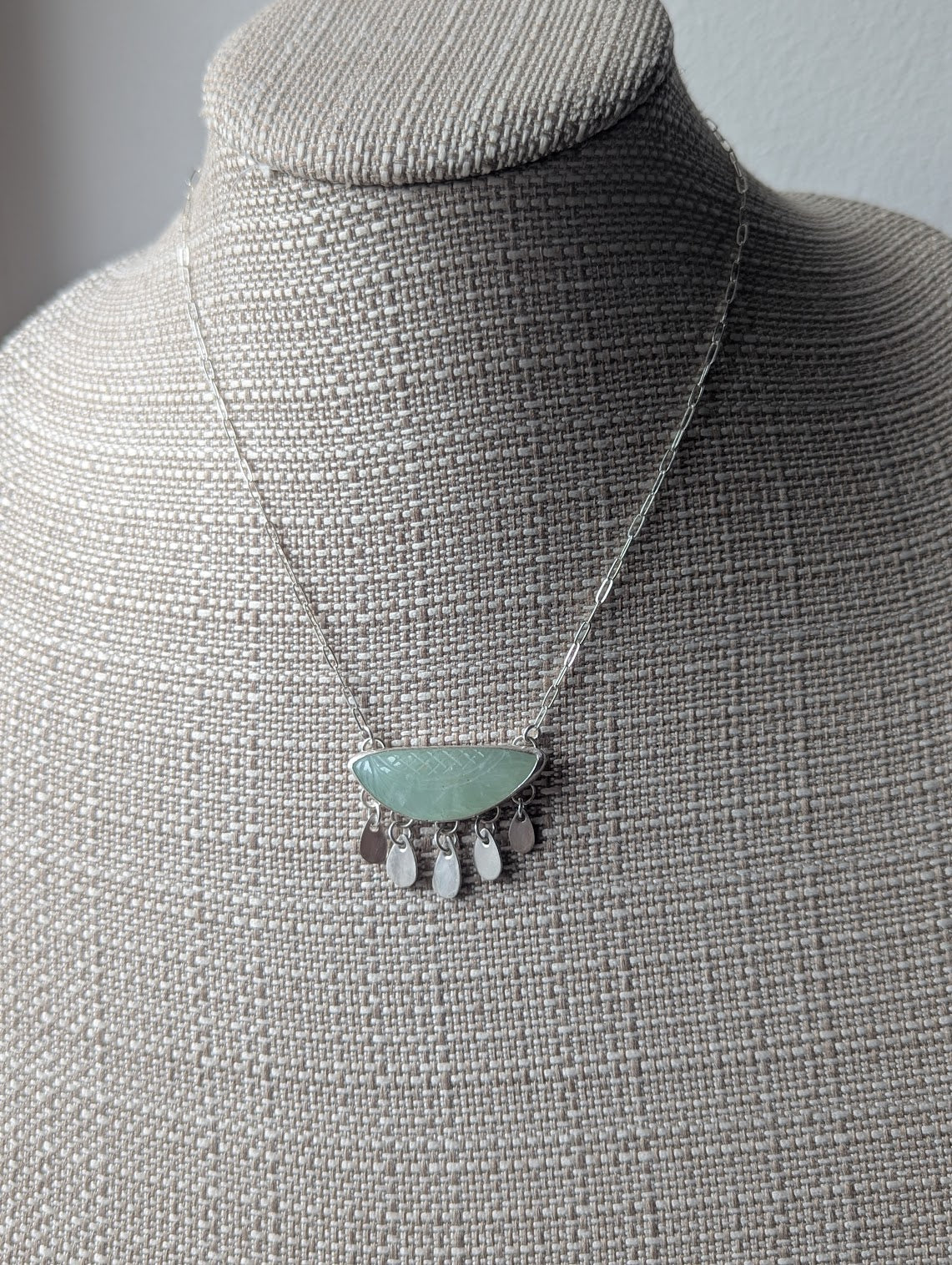 Carved Leaf Light Green Prehnite Fringe Sterling Silver Necklace