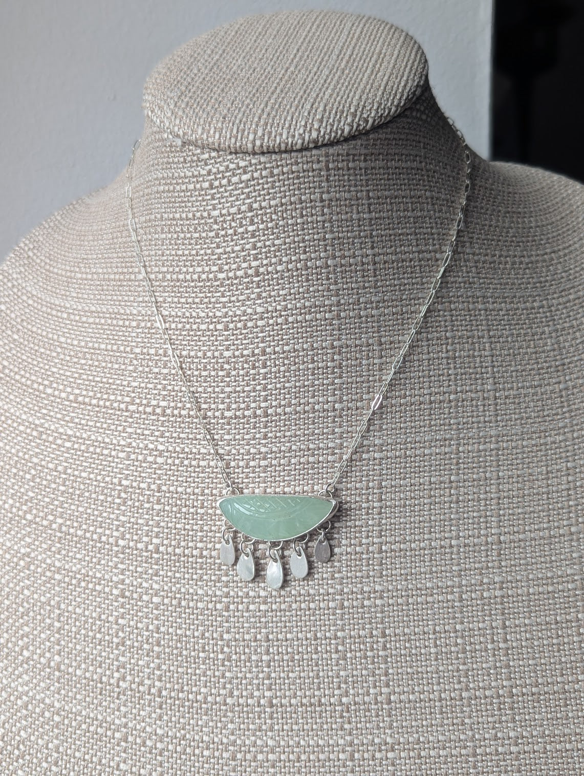 Carved Leaf Light Green Prehnite Fringe Sterling Silver Necklace
