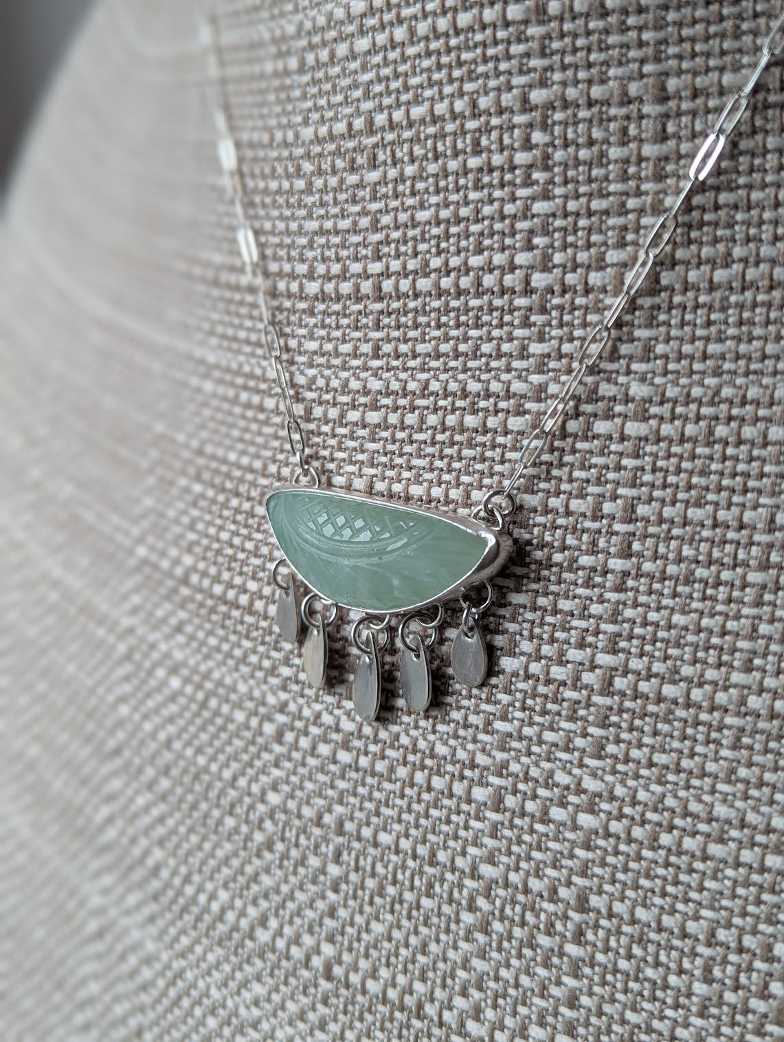 Carved Leaf Light Green Prehnite Fringe Sterling Silver Necklace