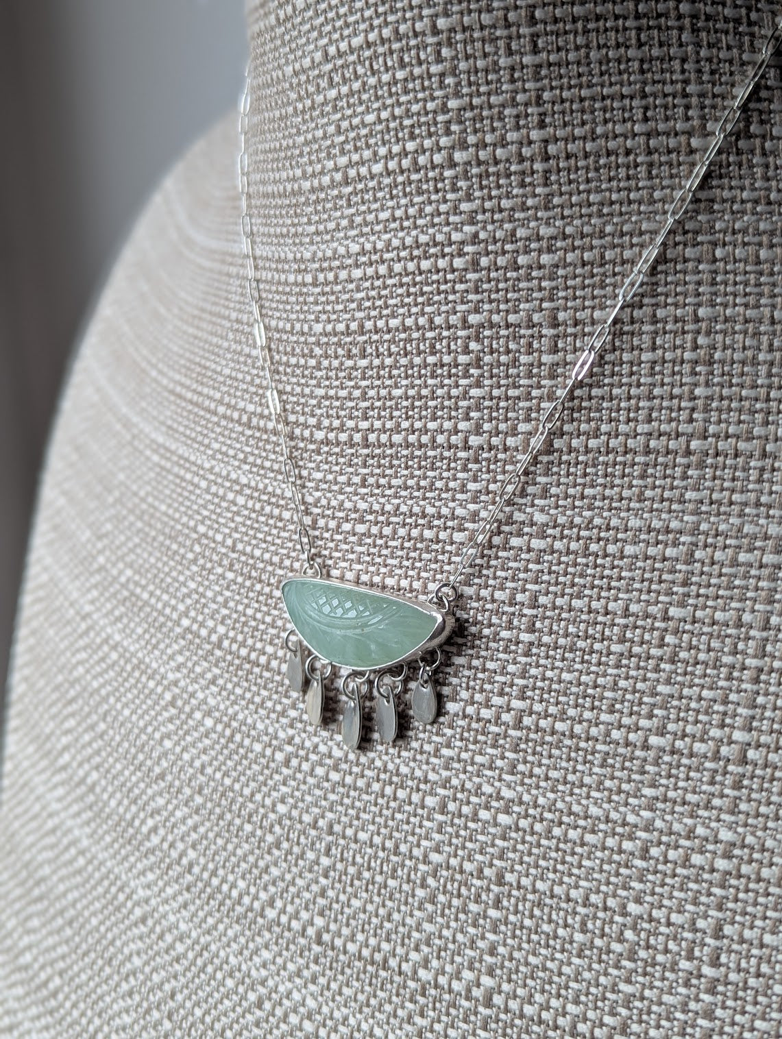 Carved Leaf Light Green Prehnite Fringe Sterling Silver Necklace