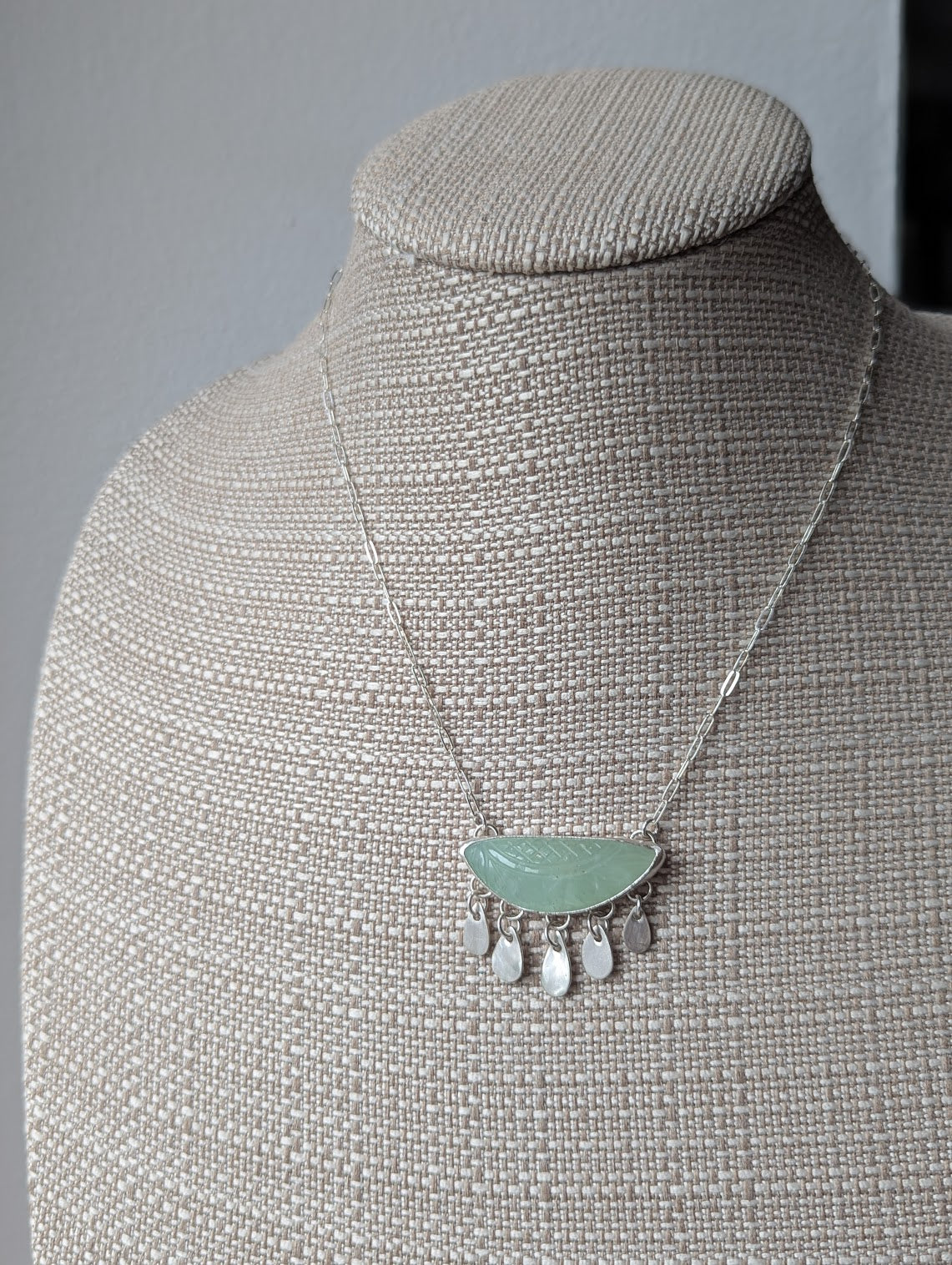 Carved Leaf Light Green Prehnite Fringe Sterling Silver Necklace