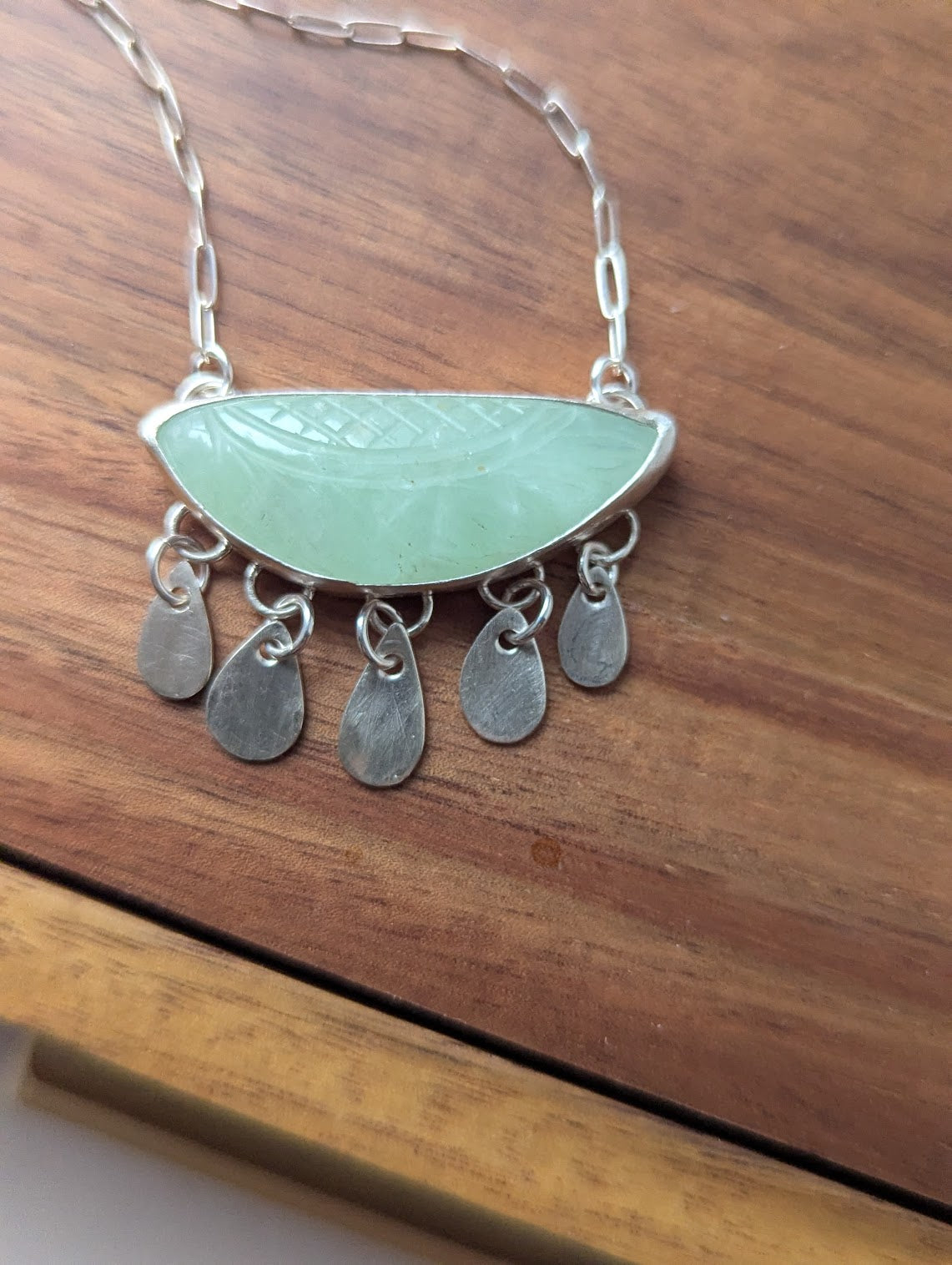 Carved Leaf Light Green Prehnite Fringe Sterling Silver Necklace