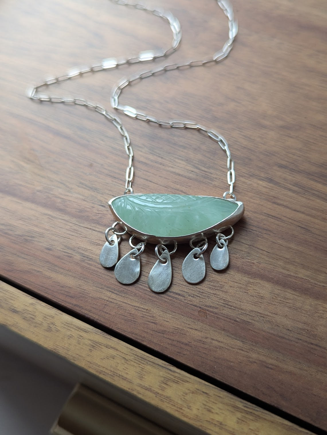 Carved Leaf Light Green Prehnite Fringe Sterling Silver Necklace