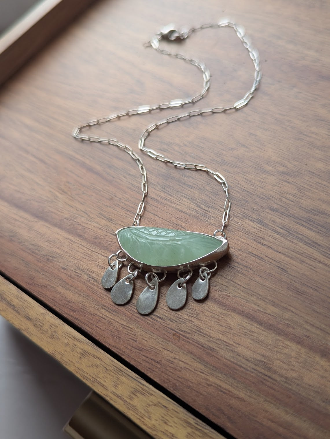 Carved Leaf Light Green Prehnite Fringe Sterling Silver Necklace