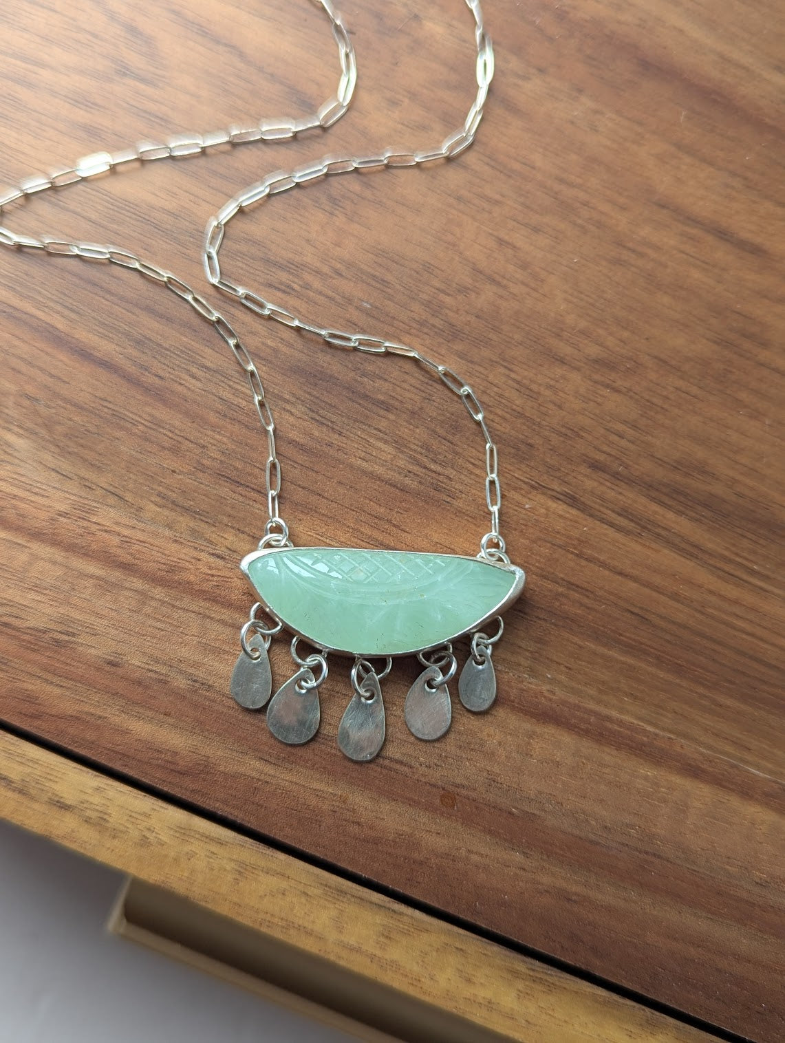 Carved Leaf Light Green Prehnite Fringe Sterling Silver Necklace