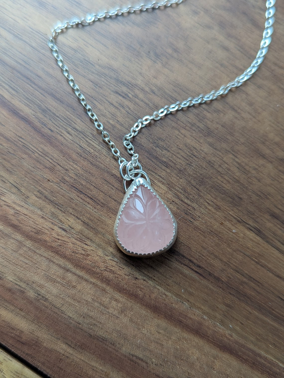 Carved Floral Rose Quartz Tear Drop Sterling Silver Necklace