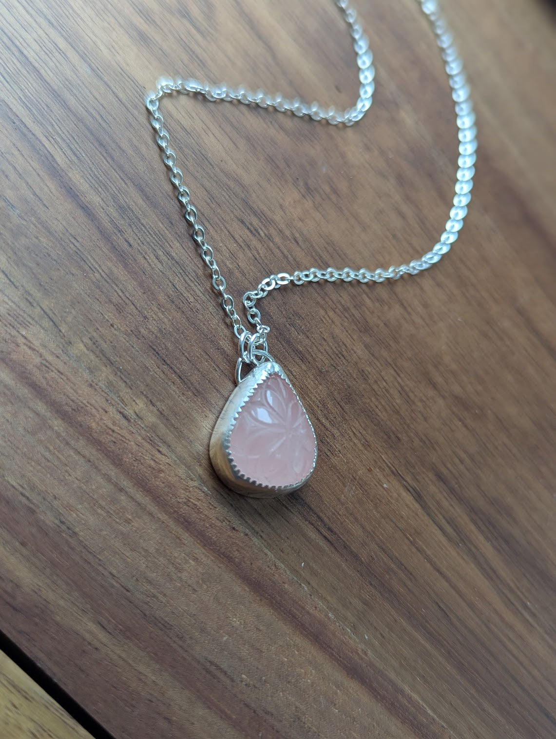 Carved Floral Rose Quartz Tear Drop Sterling Silver Necklace