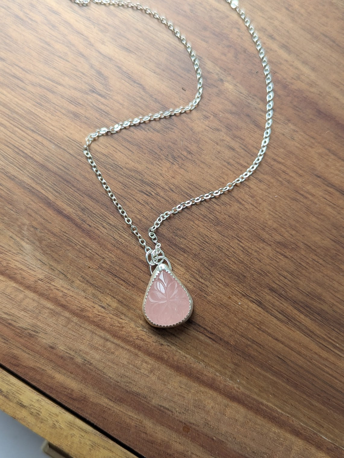 Carved Floral Rose Quartz Tear Drop Sterling Silver Necklace