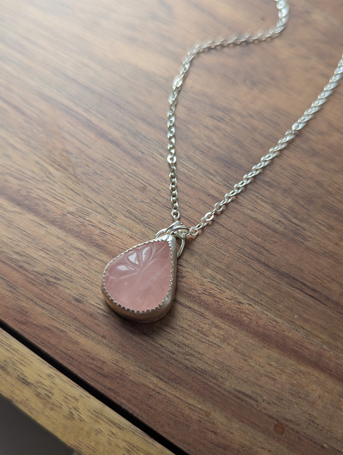 Carved Floral Rose Quartz Tear Drop Sterling Silver Necklace