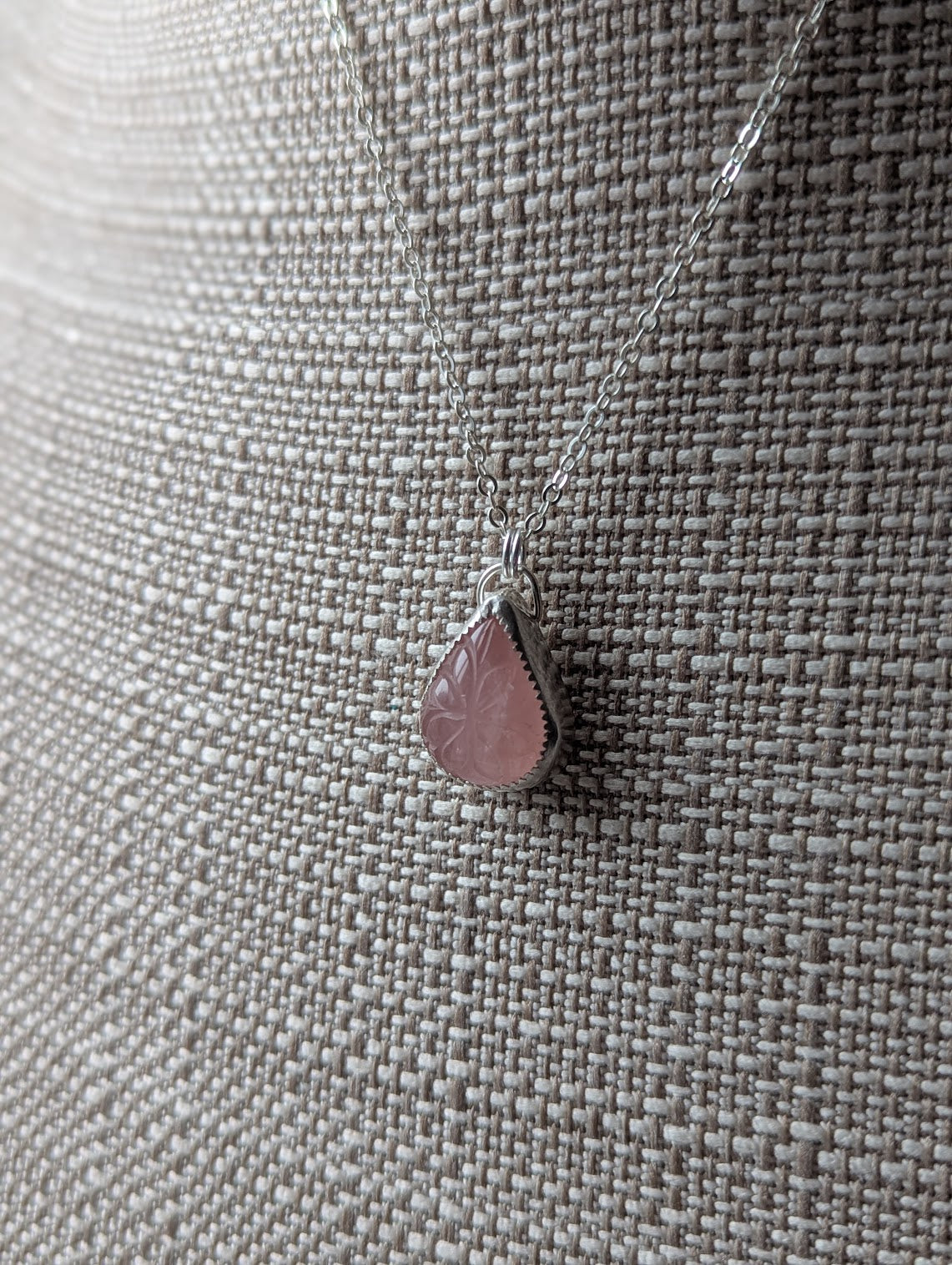 Carved Floral Rose Quartz Tear Drop Sterling Silver Necklace