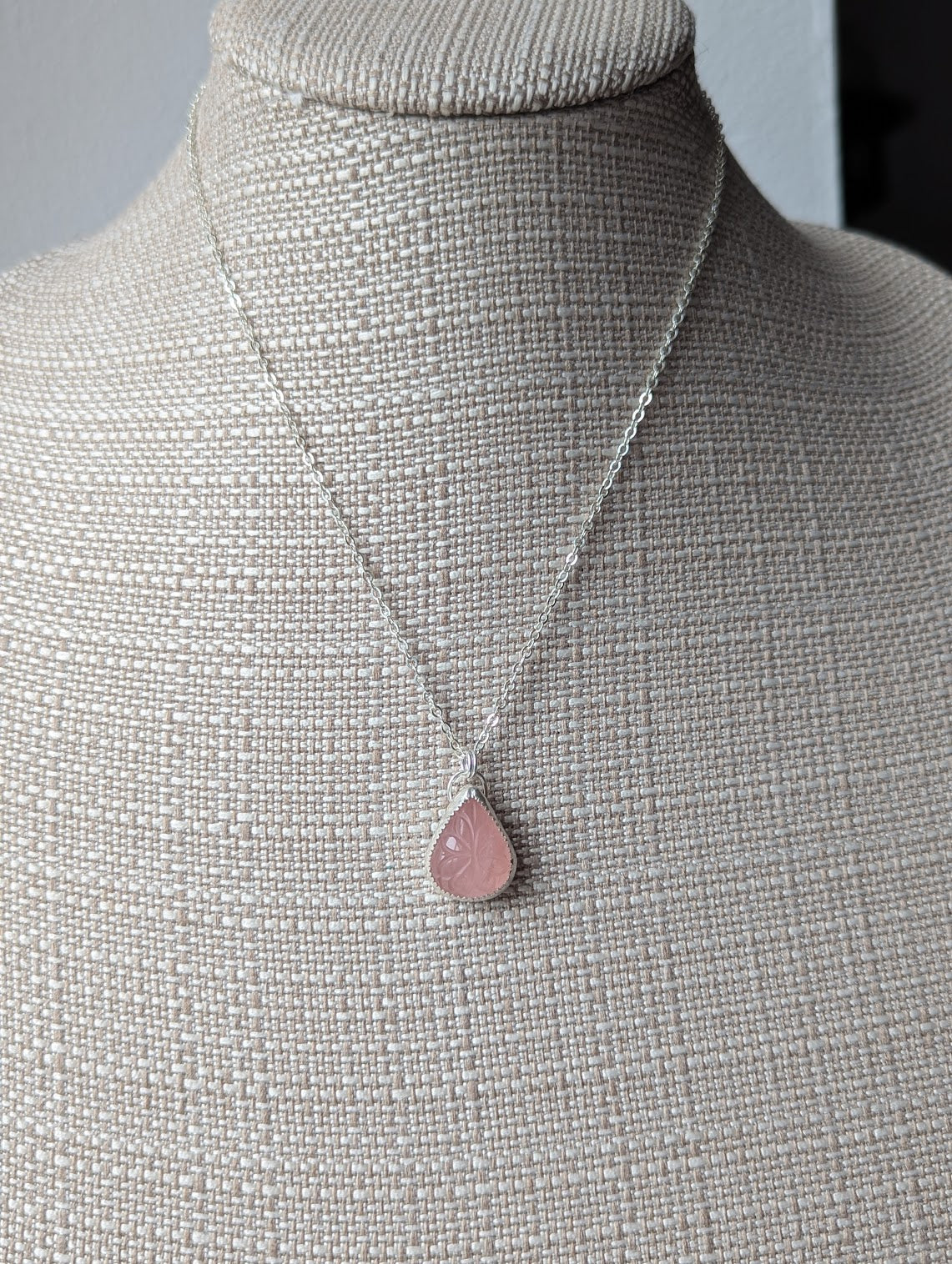 Carved Floral Rose Quartz Tear Drop Sterling Silver Necklace
