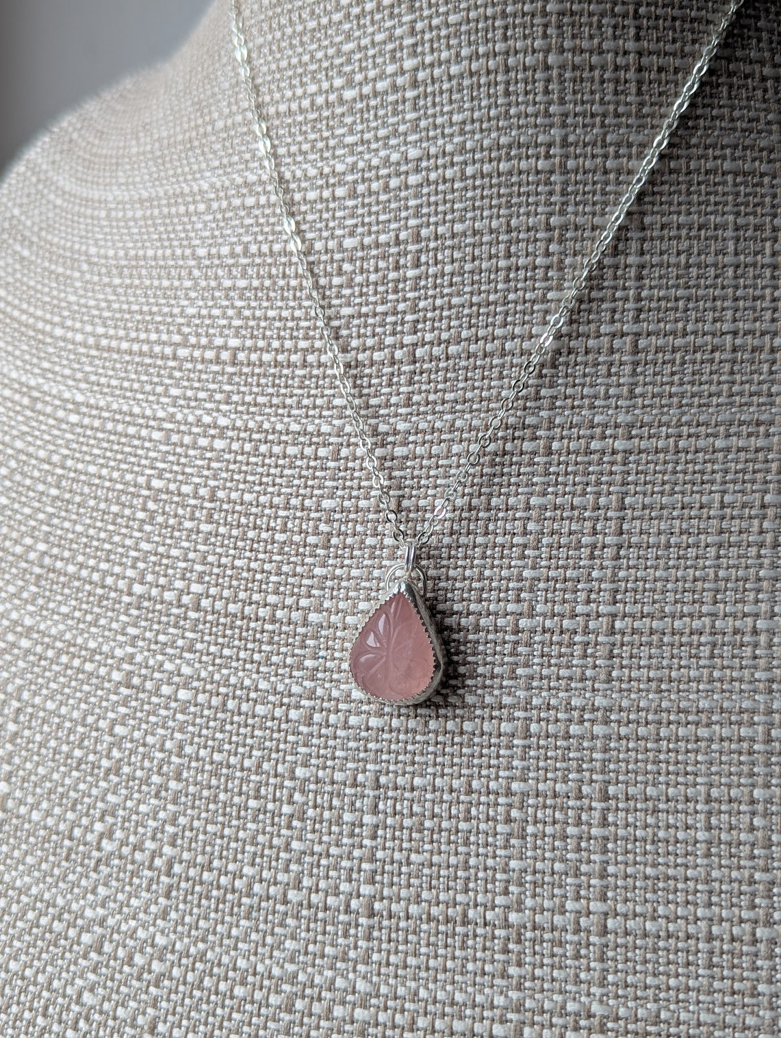 Carved Floral Rose Quartz Tear Drop Sterling Silver Necklace