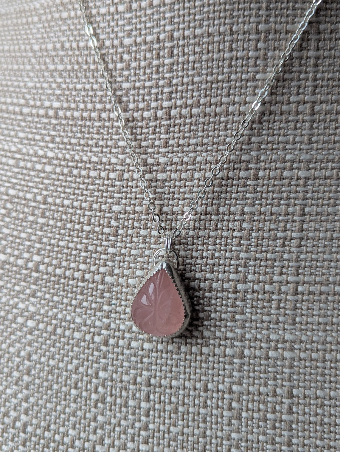 Carved Floral Rose Quartz Tear Drop Sterling Silver Necklace