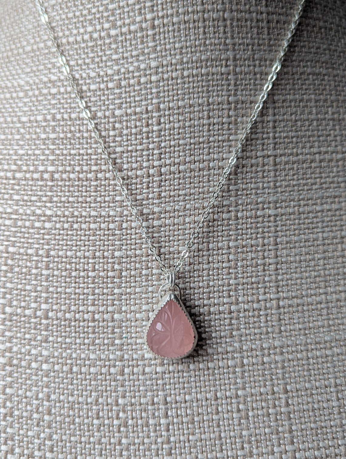 Carved Floral Rose Quartz Tear Drop Sterling Silver Necklace