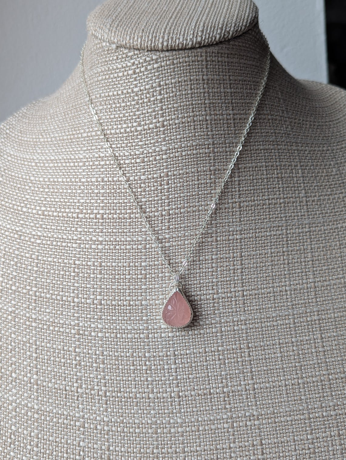 Carved Floral Rose Quartz Tear Drop Sterling Silver Necklace