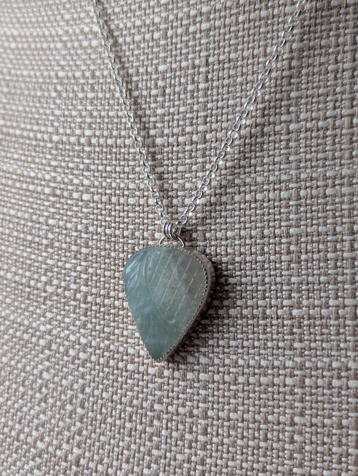 Carved Tropical Light Green Prehnite Sterling Silver Necklace