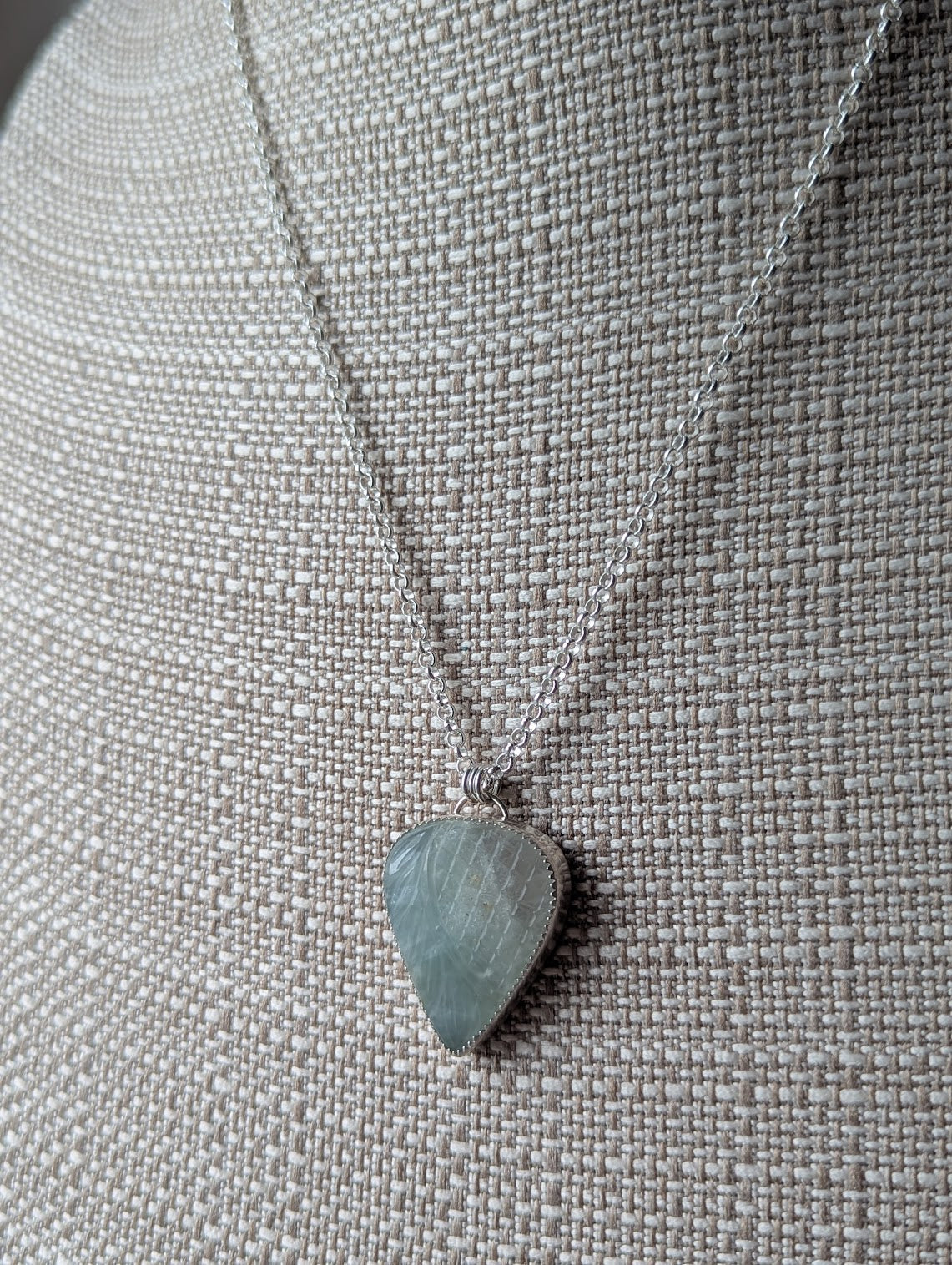 Carved Tropical Light Green Prehnite Sterling Silver Necklace