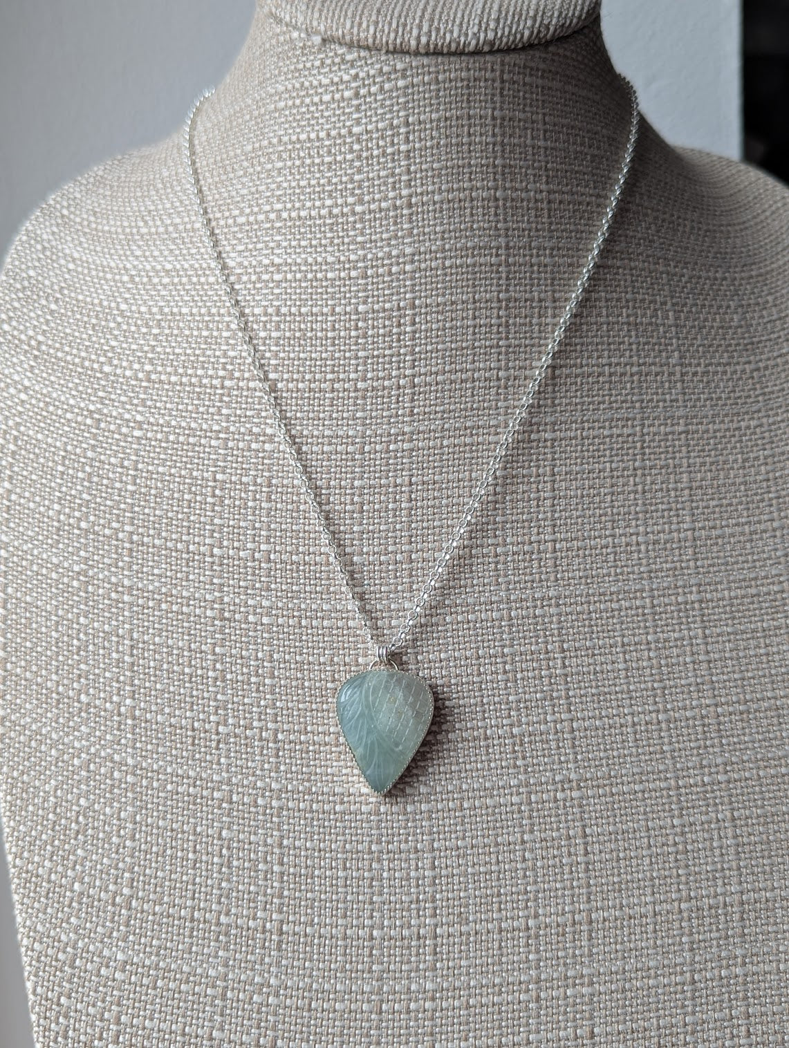 Carved Tropical Light Green Prehnite Sterling Silver Necklace