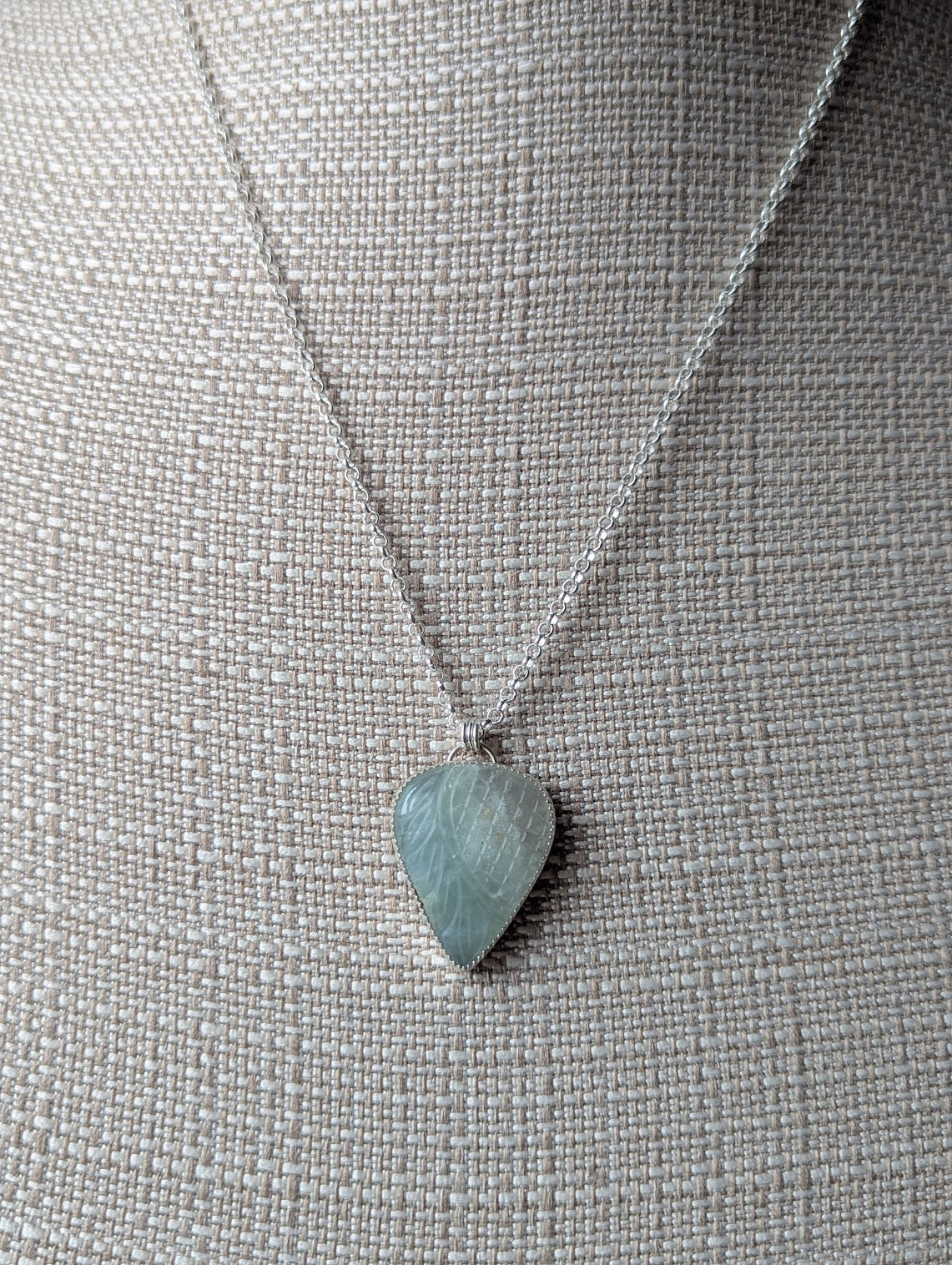 Carved Tropical Light Green Prehnite Sterling Silver Necklace
