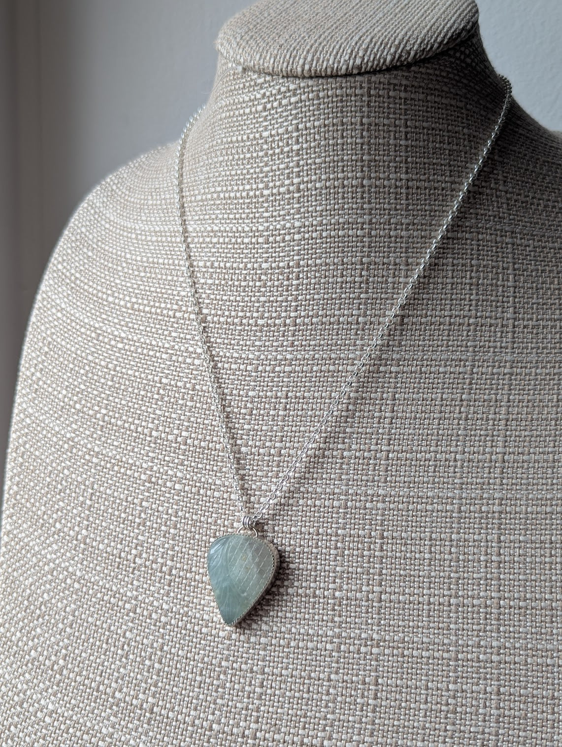 Carved Tropical Light Green Prehnite Sterling Silver Necklace