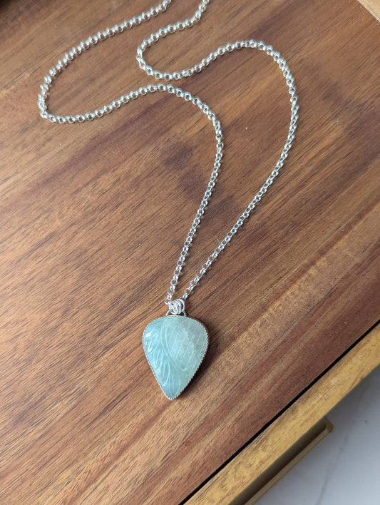 Carved Tropical Light Green Prehnite Sterling Silver Necklace