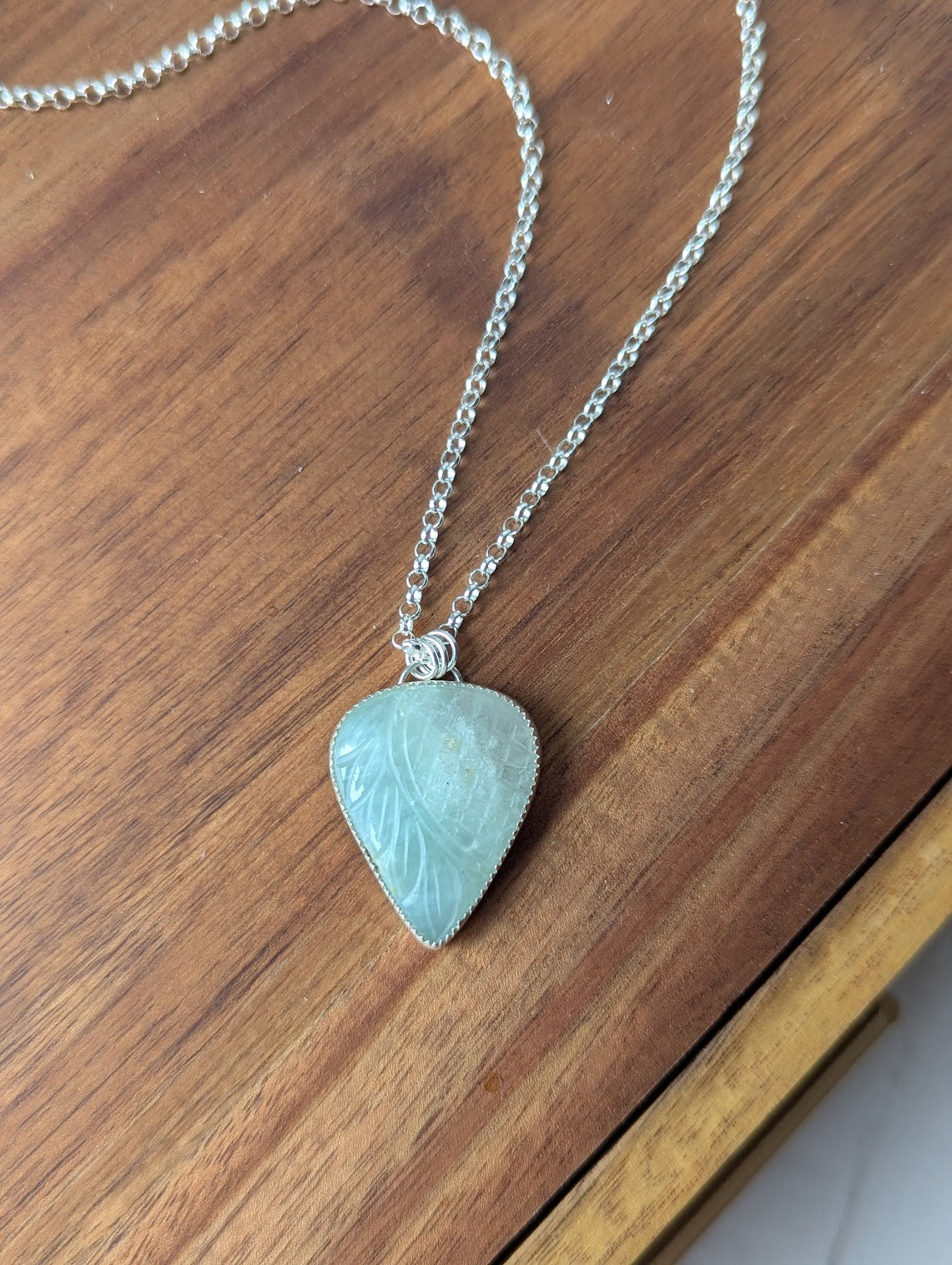 Carved Tropical Light Green Prehnite Sterling Silver Necklace