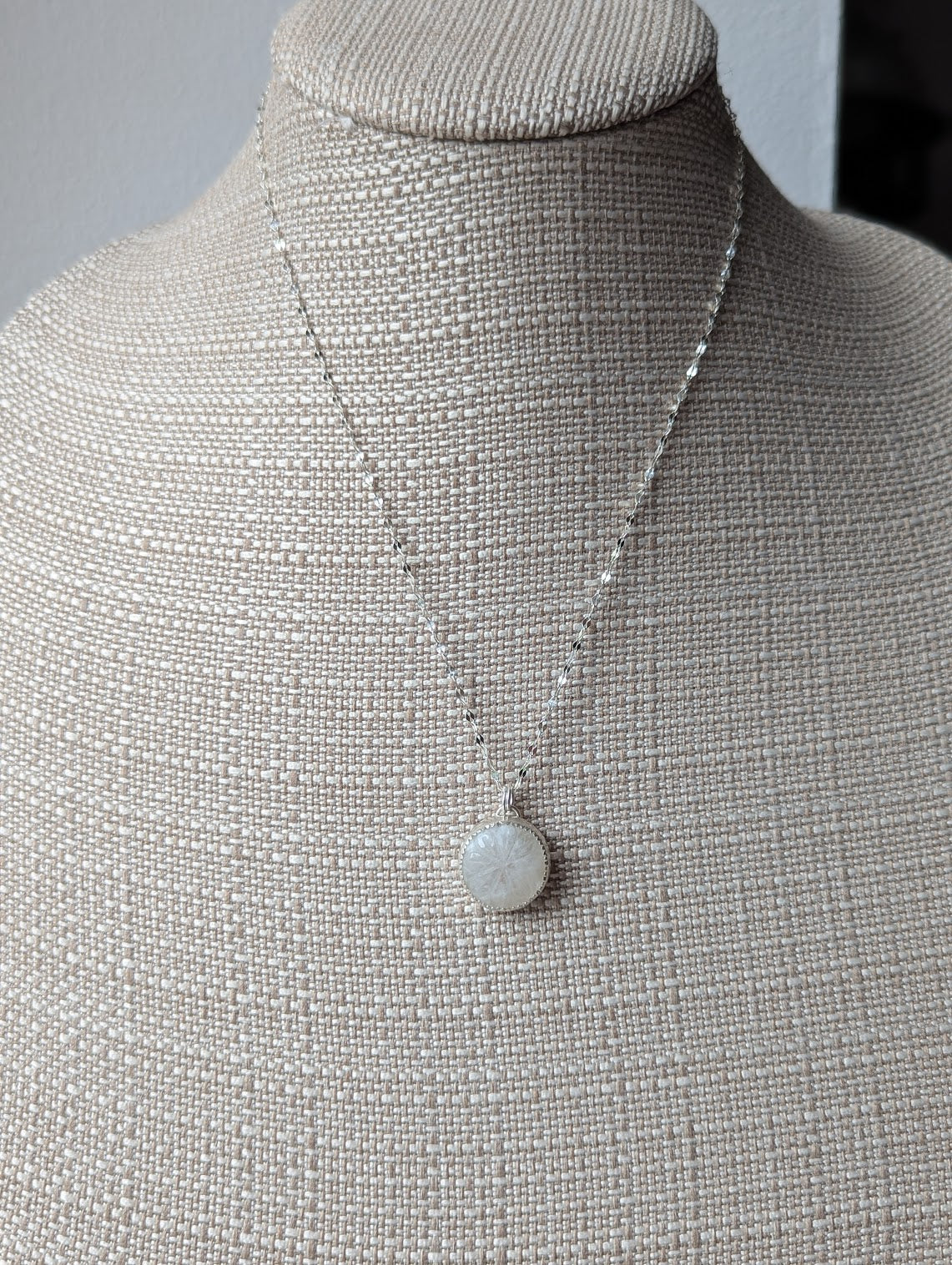 Carved Rainbow Moonstone Silver Necklace