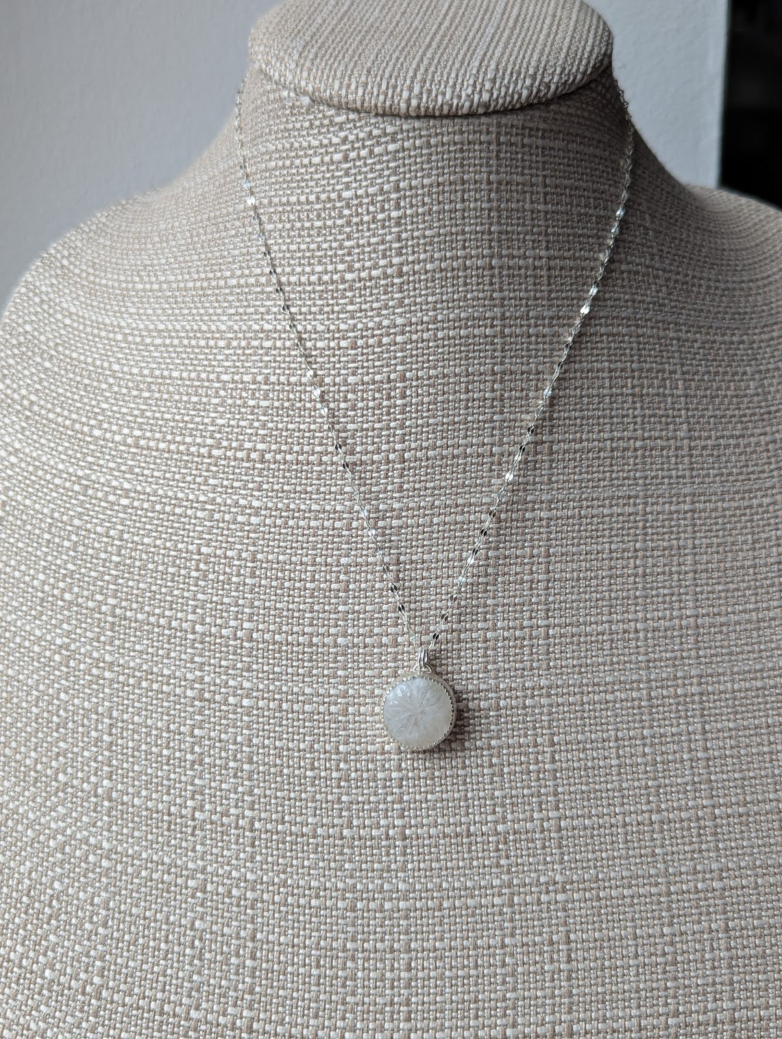Carved Rainbow Moonstone Silver Necklace