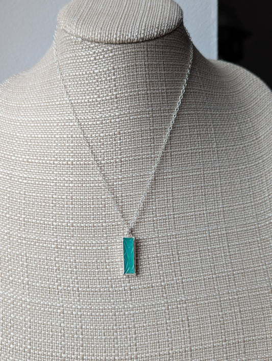 Carved Aqua Chalcedony Rectangle Sterling Silver Necklace