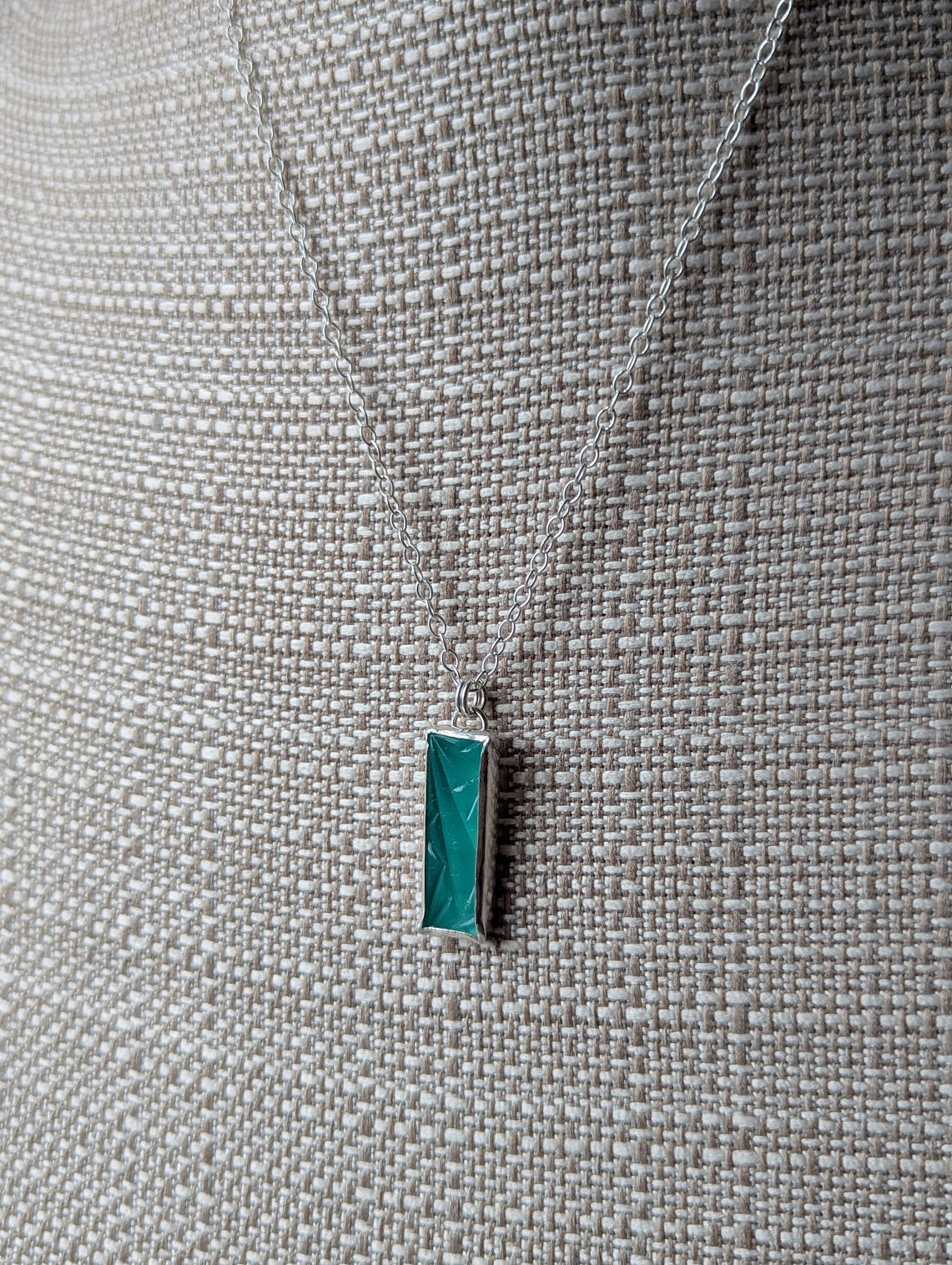 Carved Aqua Chalcedony Rectangle Sterling Silver Necklace