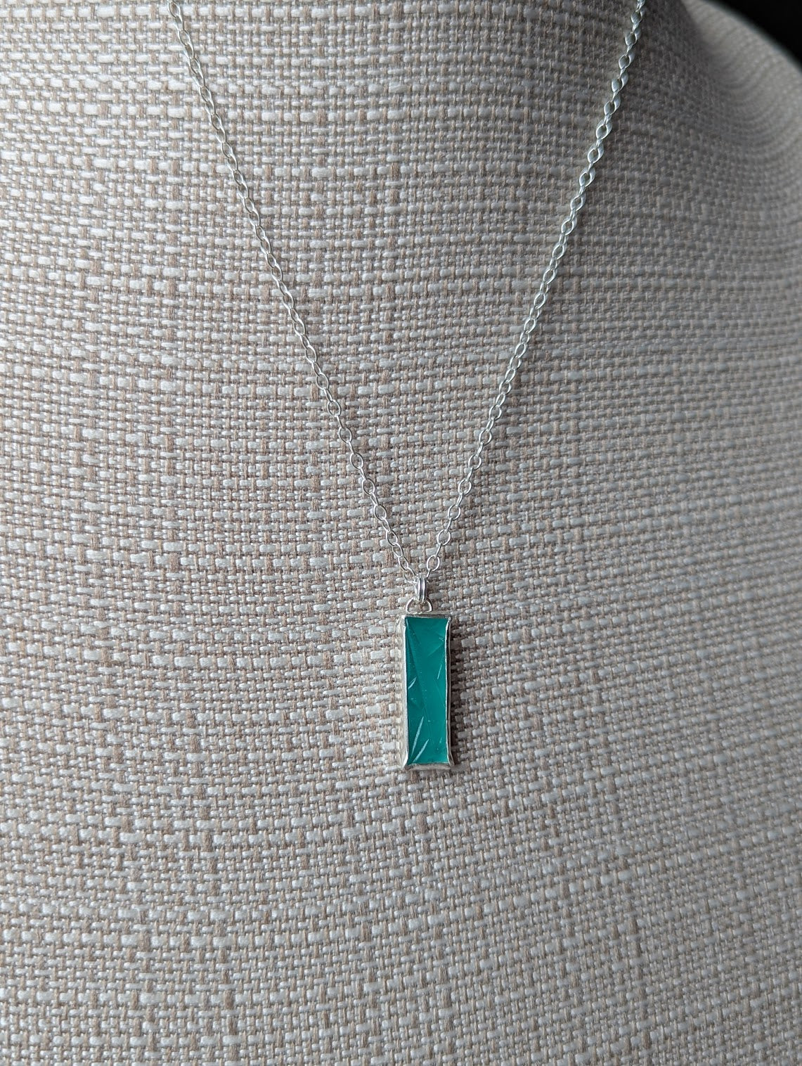 Carved Aqua Chalcedony Rectangle Sterling Silver Necklace