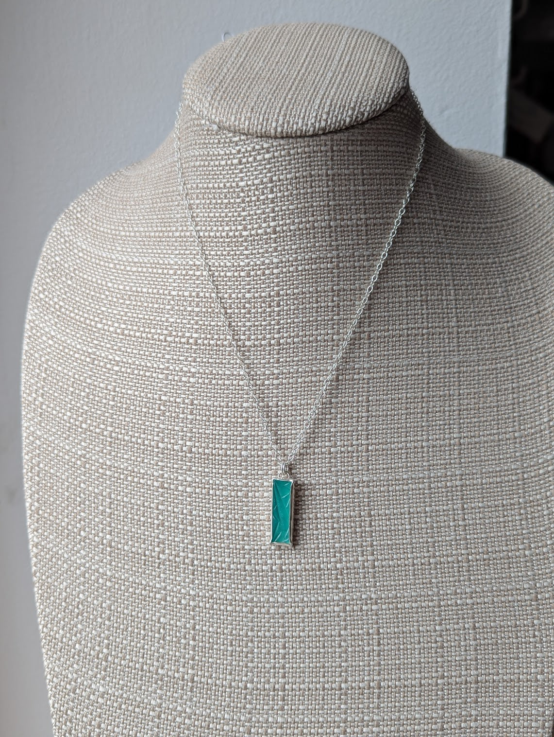 Carved Aqua Chalcedony Rectangle Sterling Silver Necklace