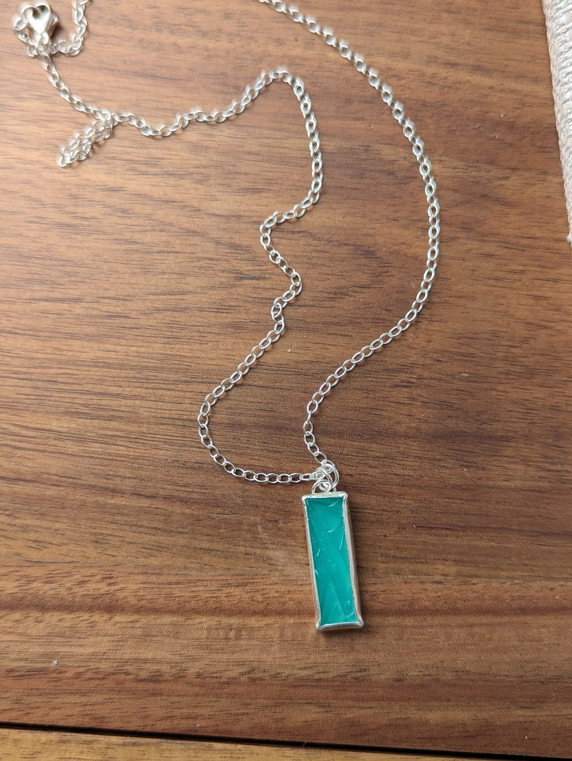 Carved Aqua Chalcedony Rectangle Sterling Silver Necklace