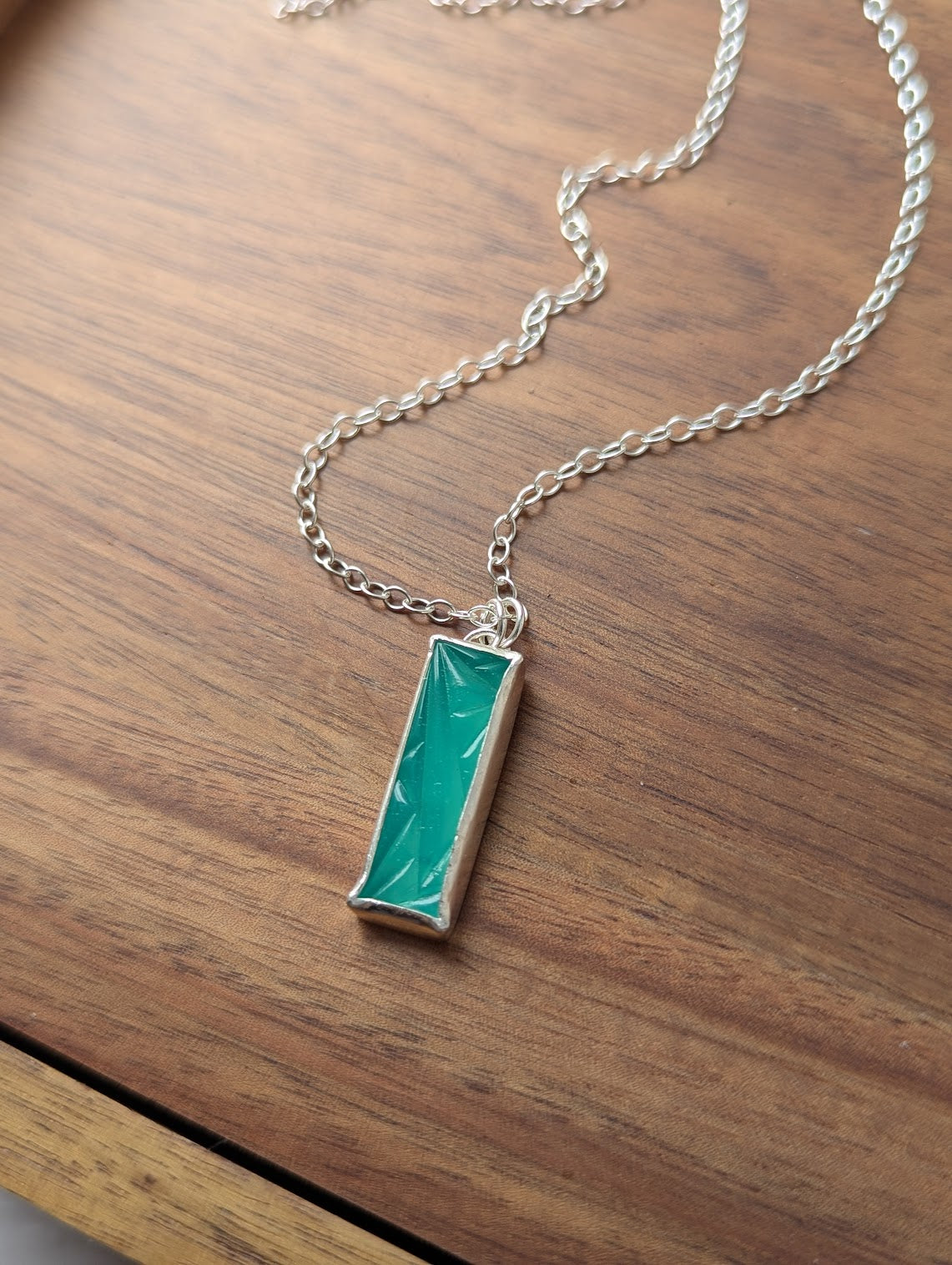 Carved Aqua Chalcedony Rectangle Sterling Silver Necklace